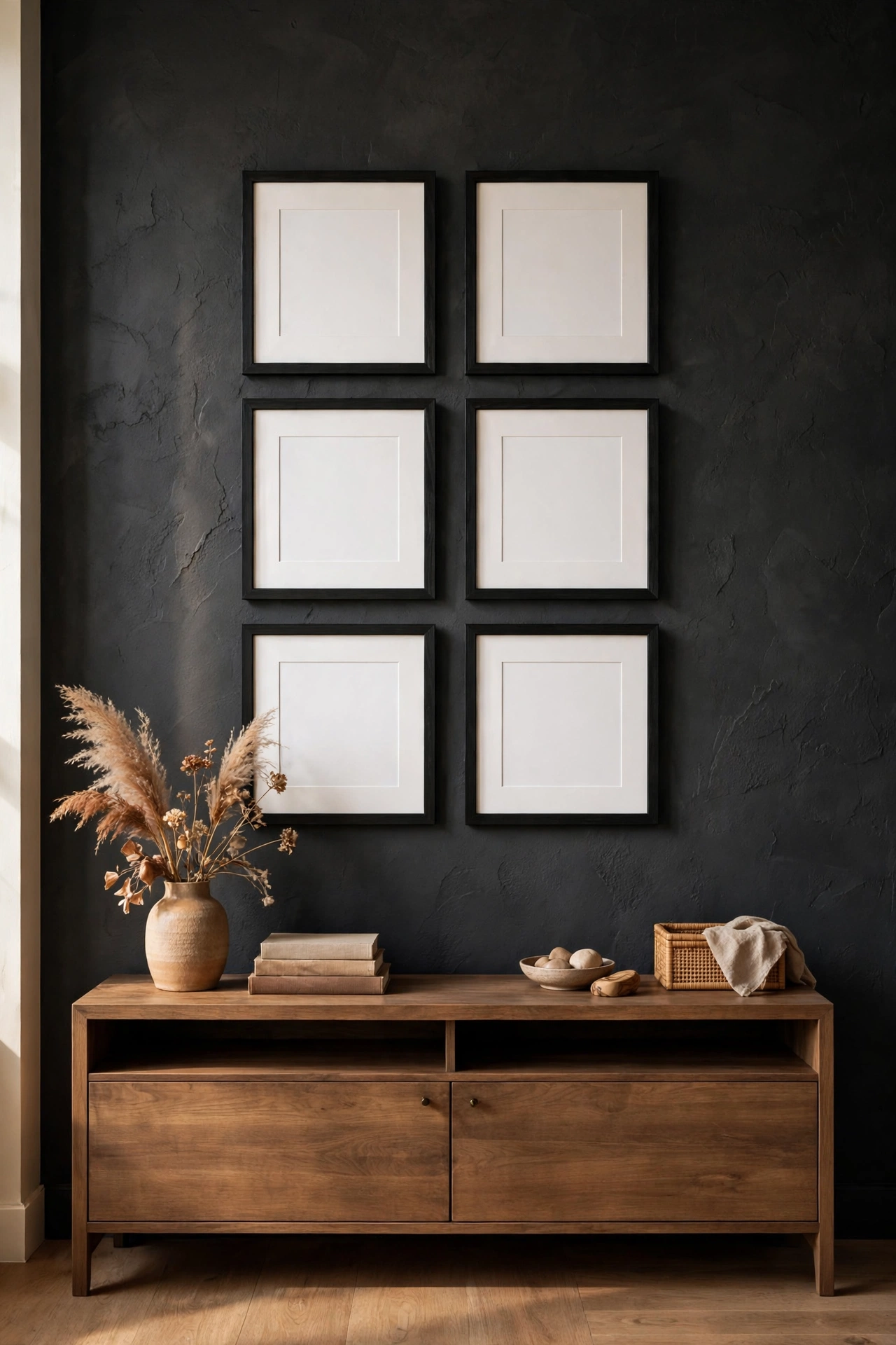 Charcoal gray living room decor with a black frame gallery wall grid above a console
