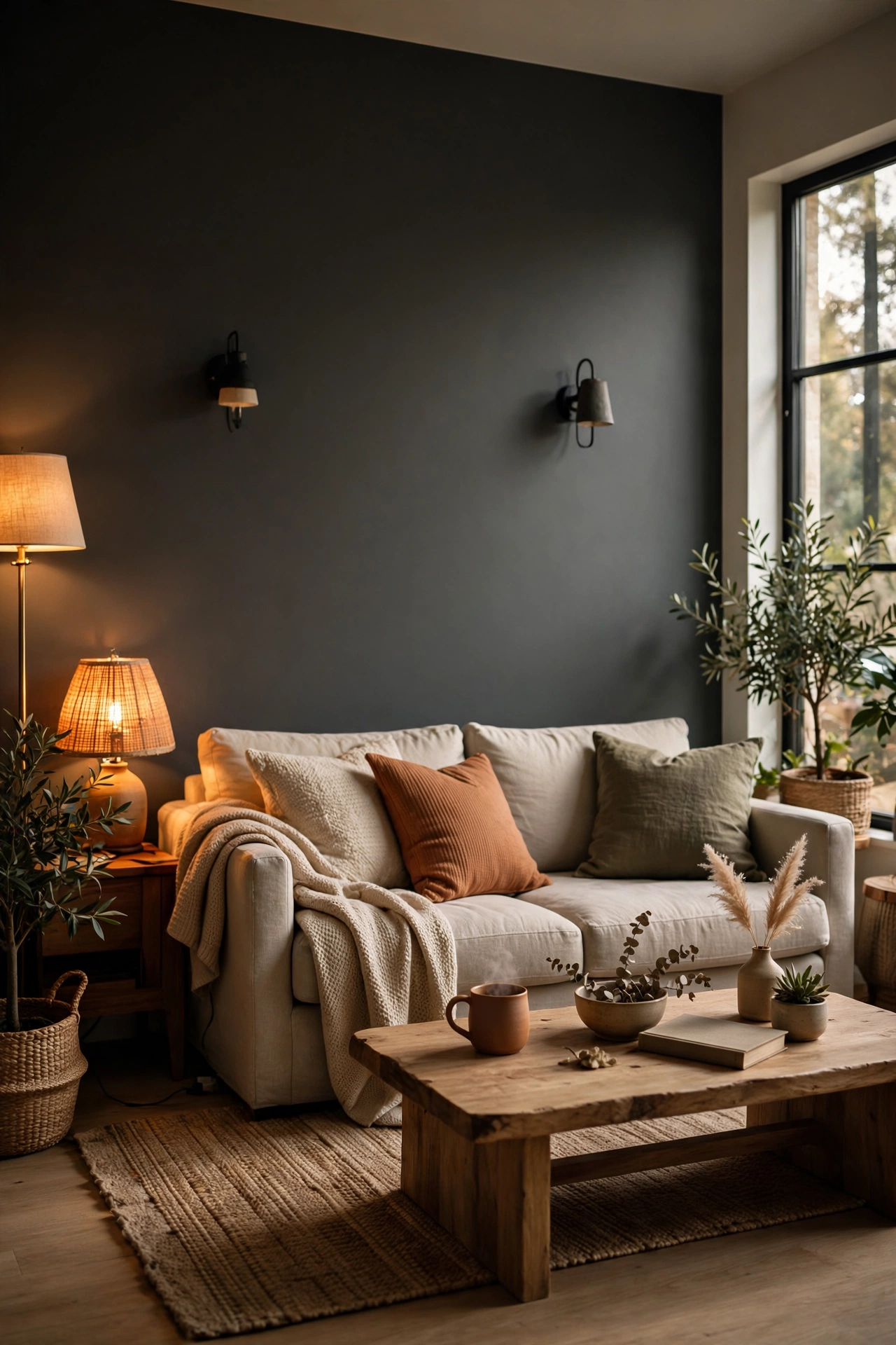 Living room with one charcoal gray painted accent wall behind the sofa