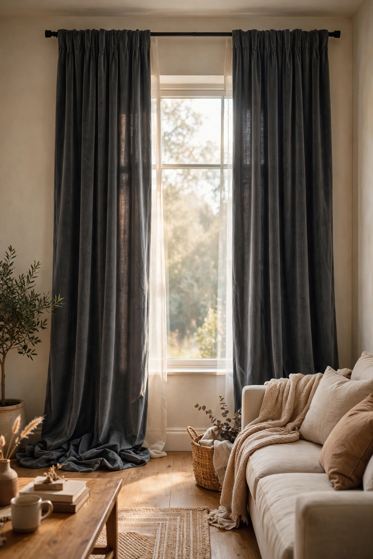 Charcoal gray velvet curtain panels framing a living room window