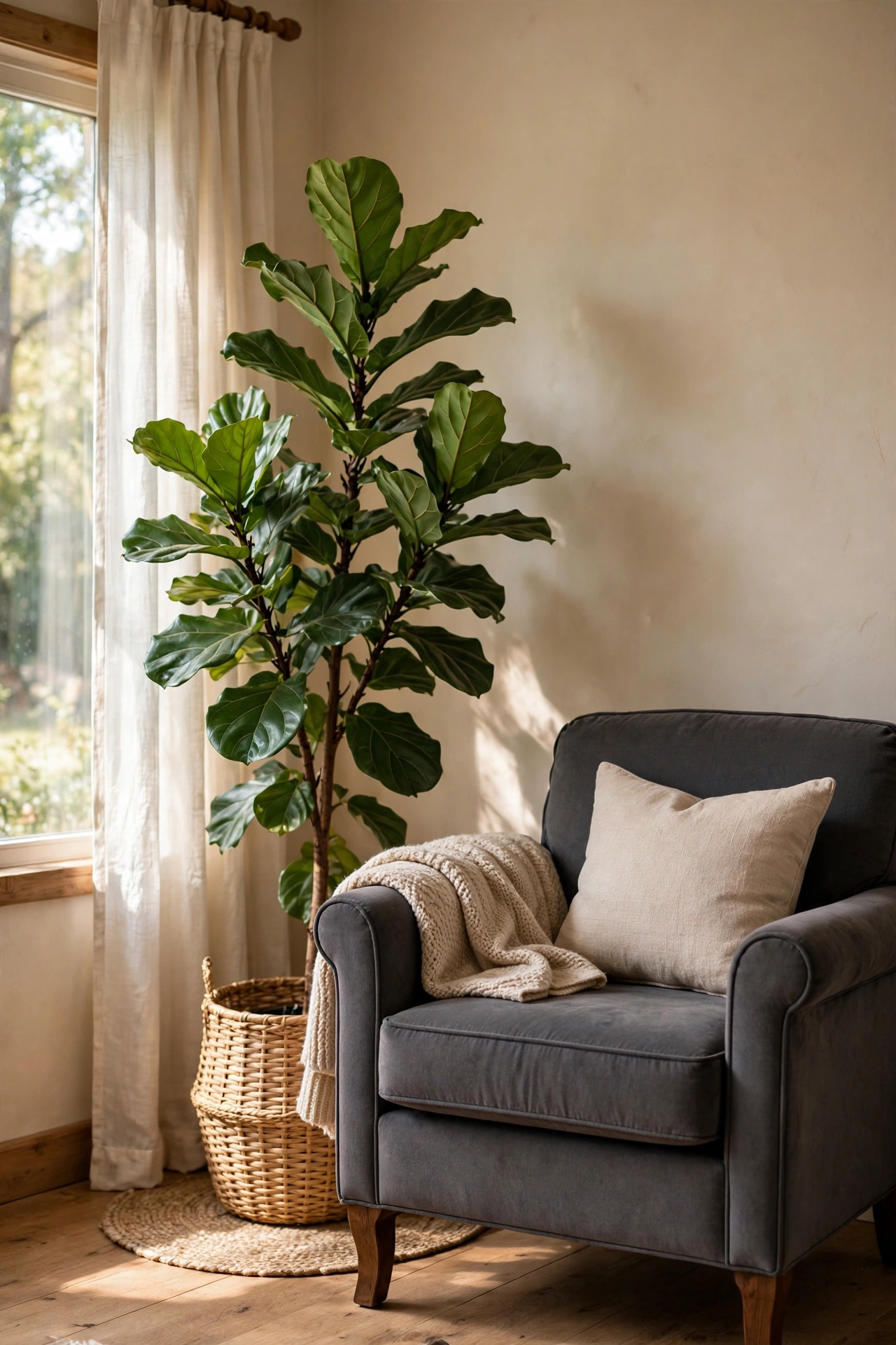 Charcoal gray living room decor with a tall fiddle leaf fig plant in the corner