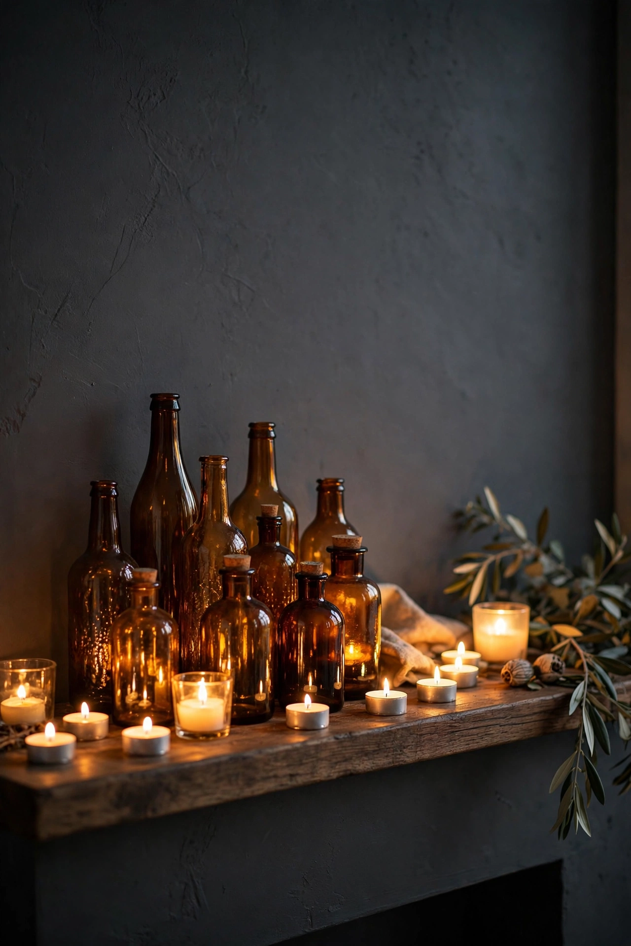 Charcoal gray living room mantel styled with amber glass candle holders glowing