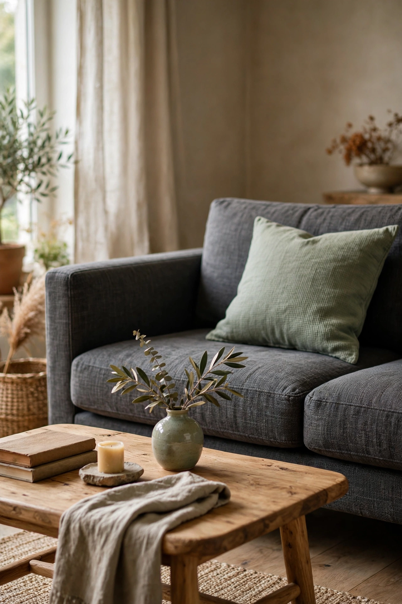 Charcoal gray living room decor with sage green throw pillow and ceramic vase