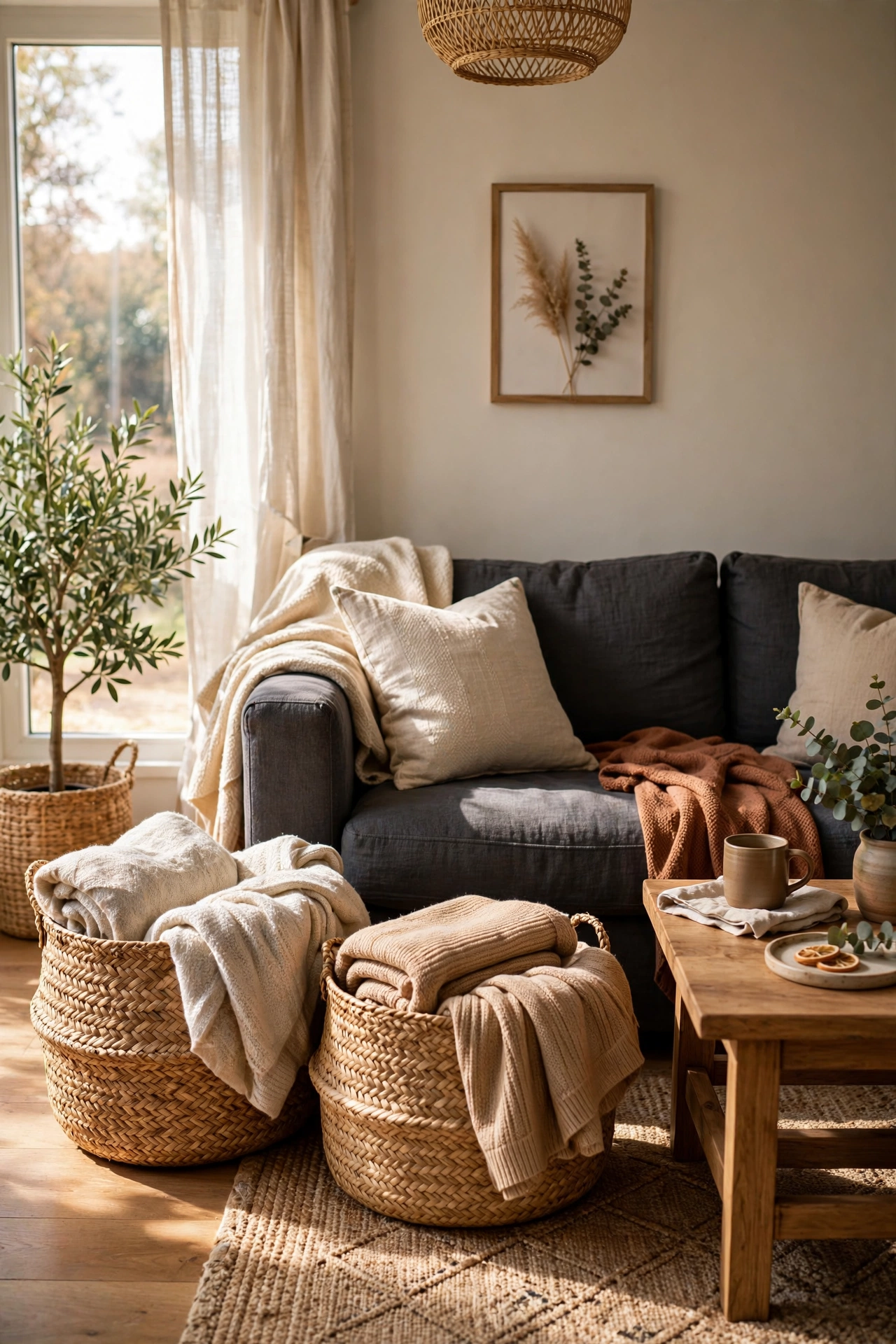 Charcoal gray living room with woven seagrass baskets for blanket storage