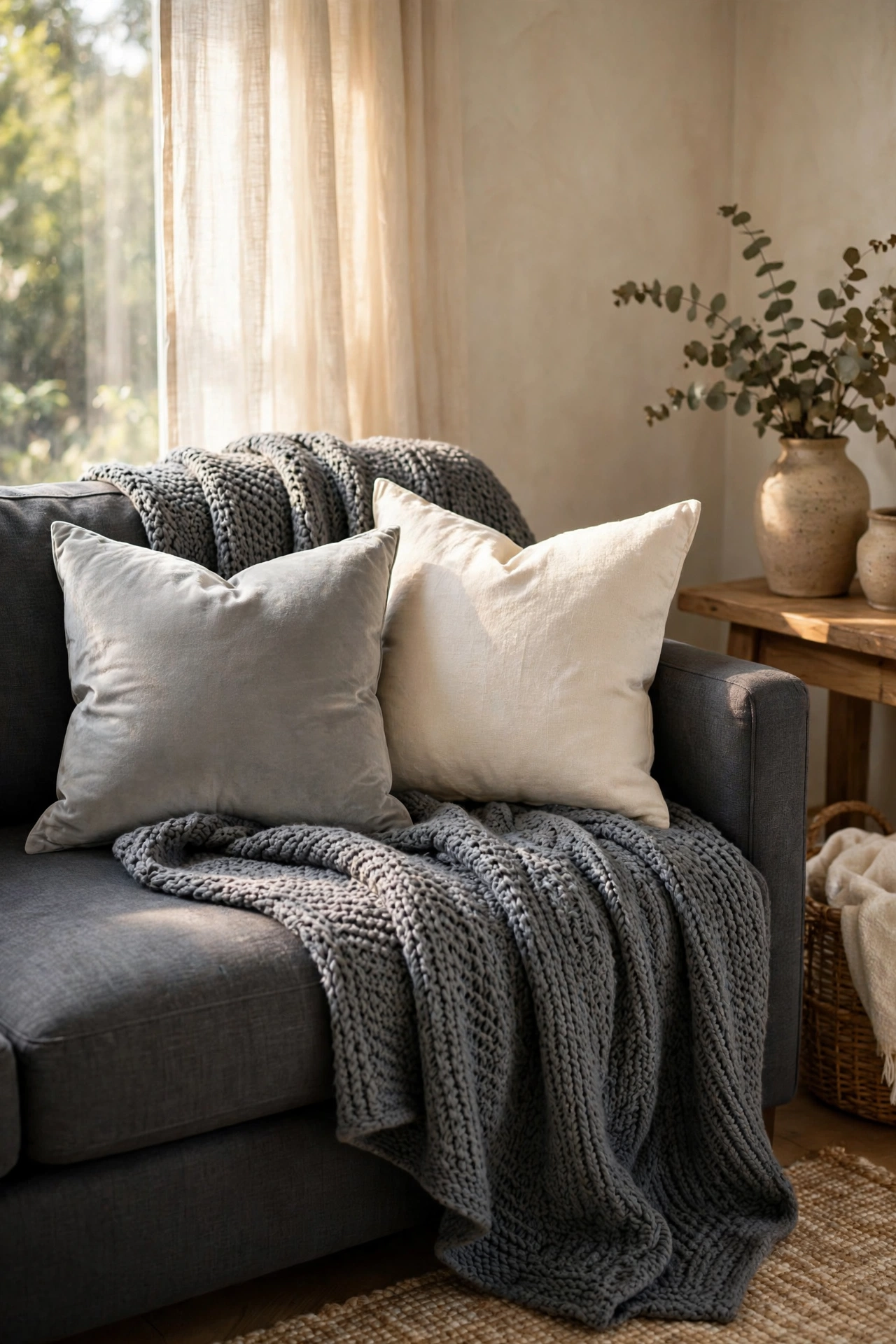 Layered gray tones in a charcoal gray living room with velvet knit and linen textures