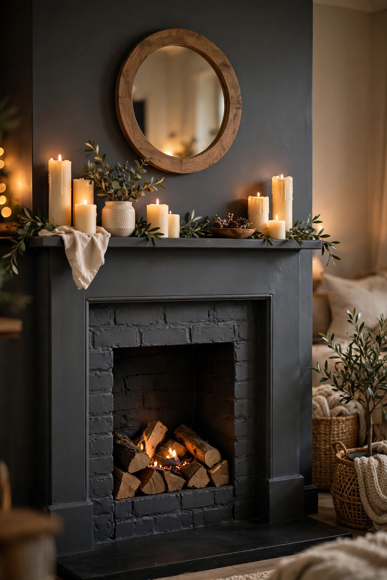Charcoal gray painted fireplace surround with cream candles and round mirror