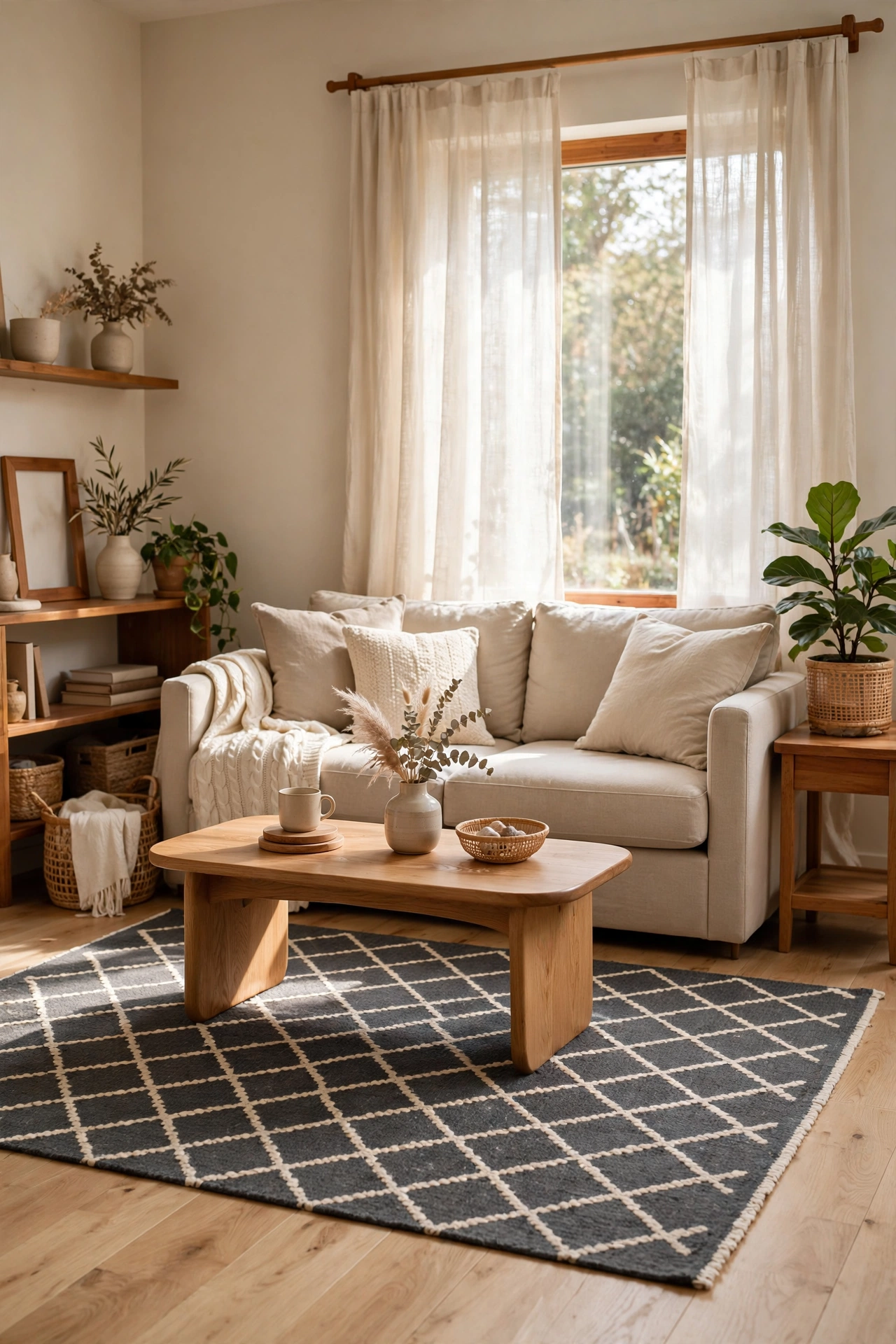 Charcoal gray patterned area rug with cream motifs anchoring a neutral living room