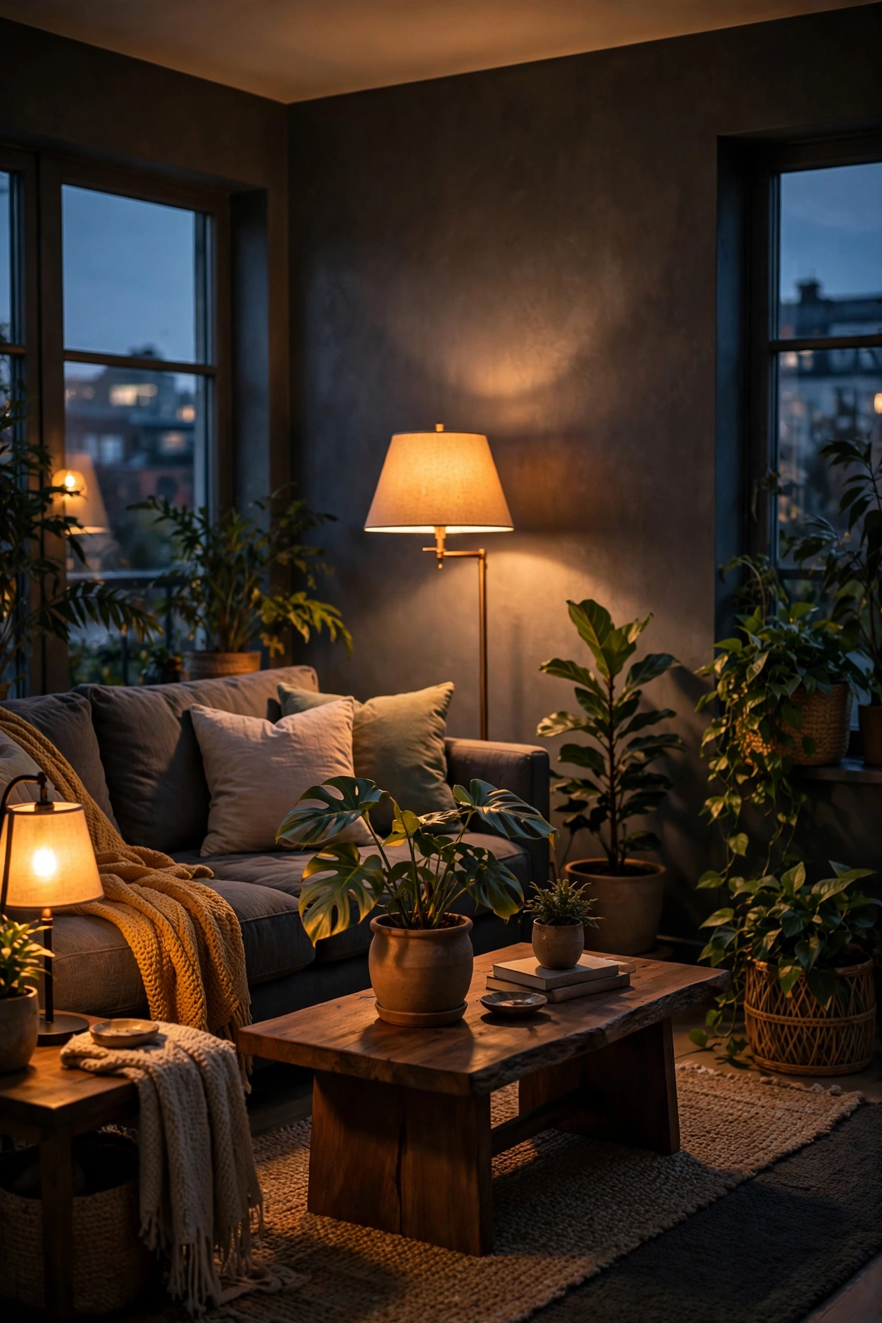 Charcoal gray living room glowing with warm 2700K light bulbs at dusk