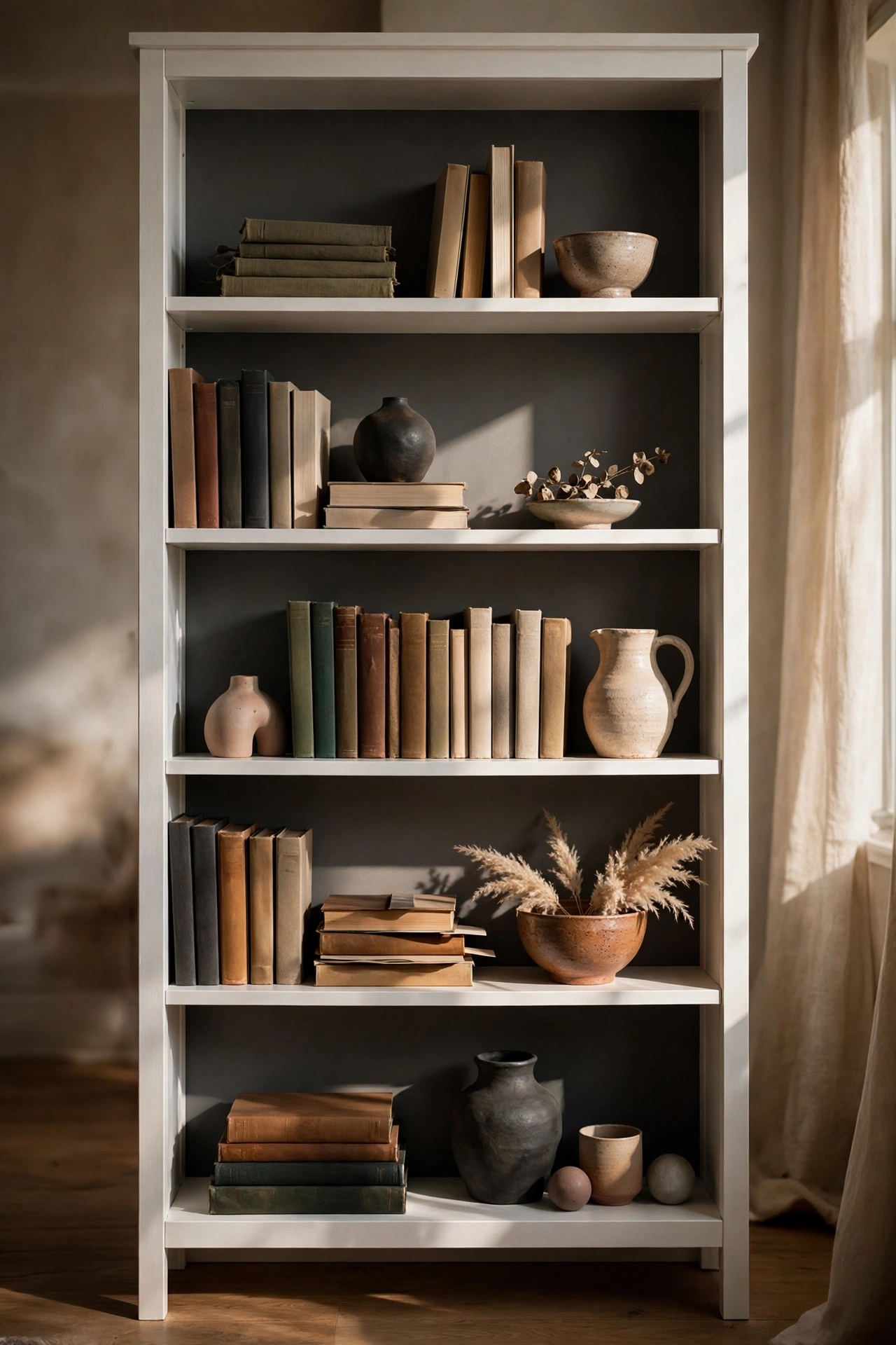 White bookcase with charcoal gray painted back panels in a living room