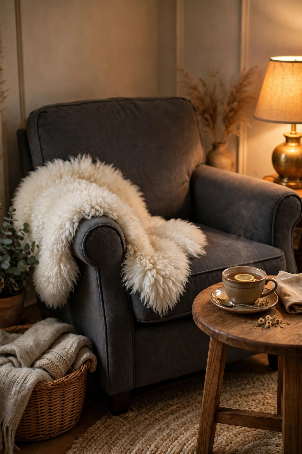 Charcoal gray armchair with a white sheepskin throw draped over the arm