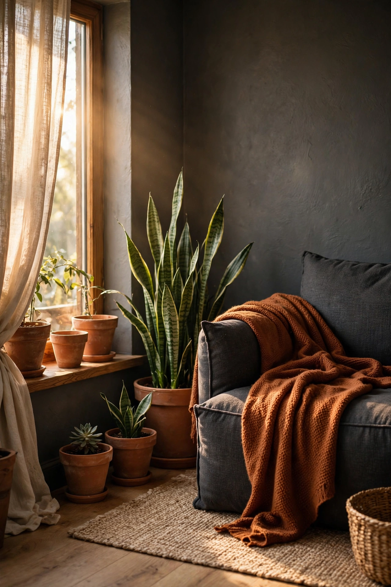 Charcoal gray living room decor warmed with terracotta pots and rust throw