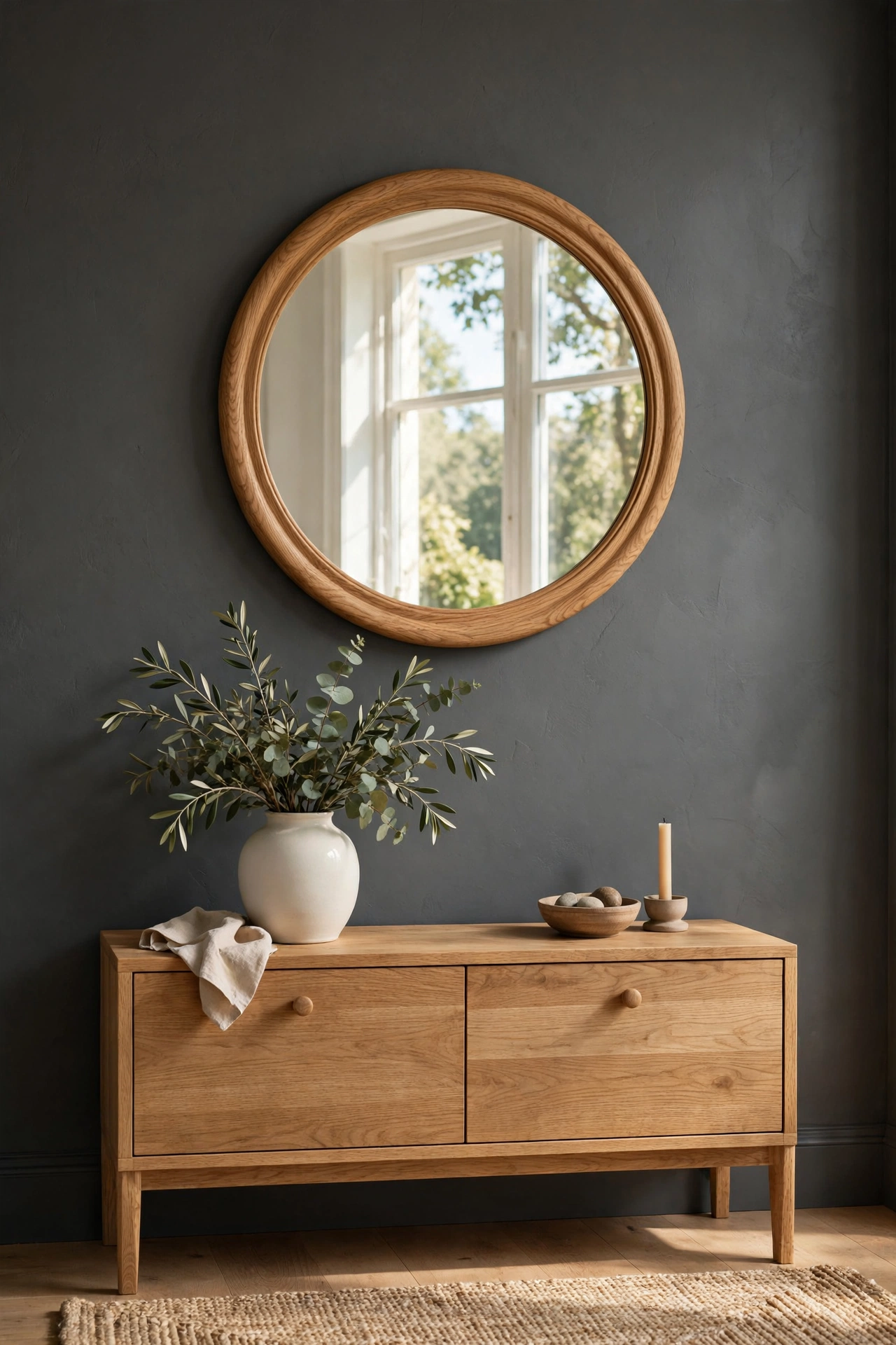 Round oak wood mirror hanging on a charcoal gray living room wall