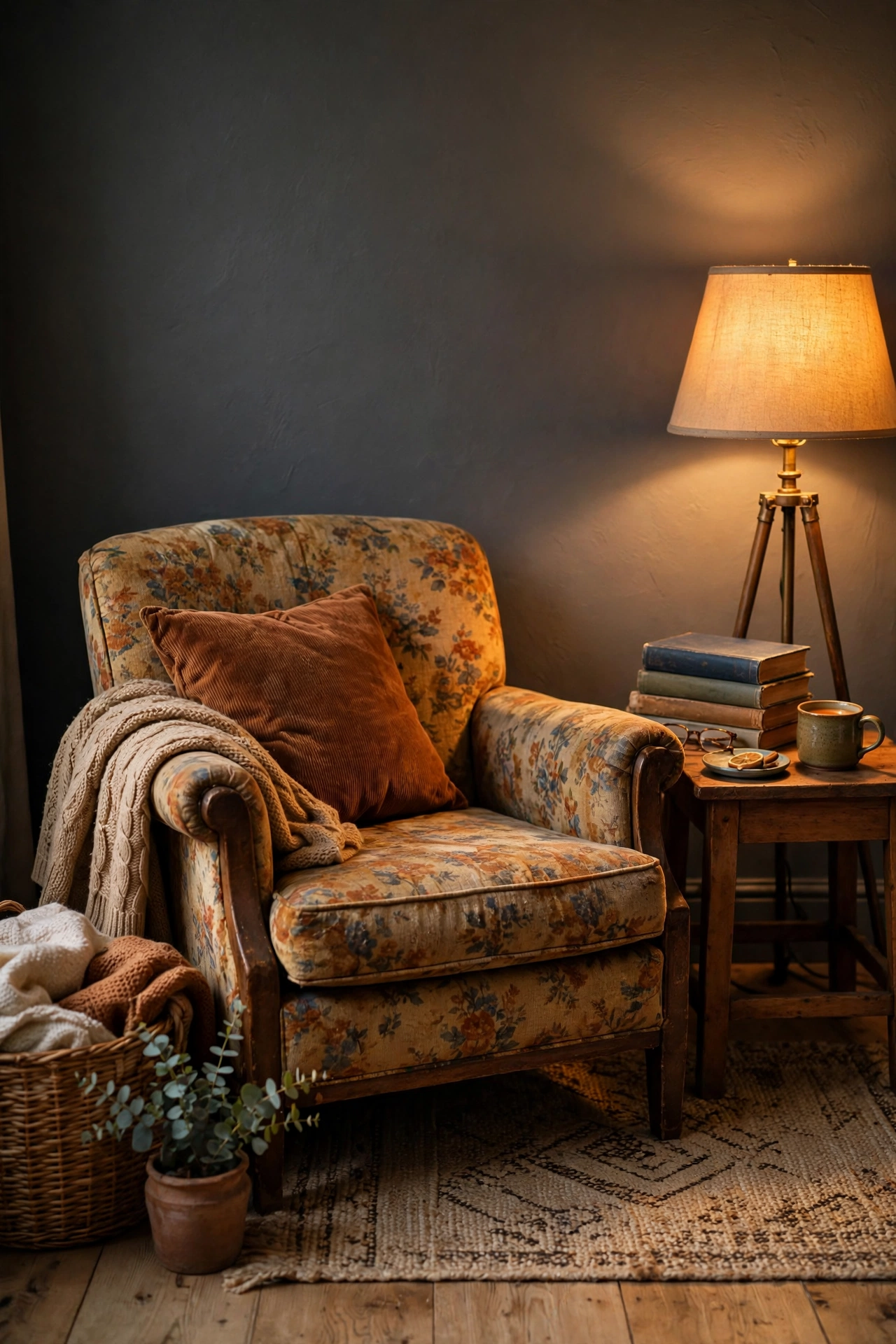 Cozy charcoal gray reading nook with armchair floor lamp and side table