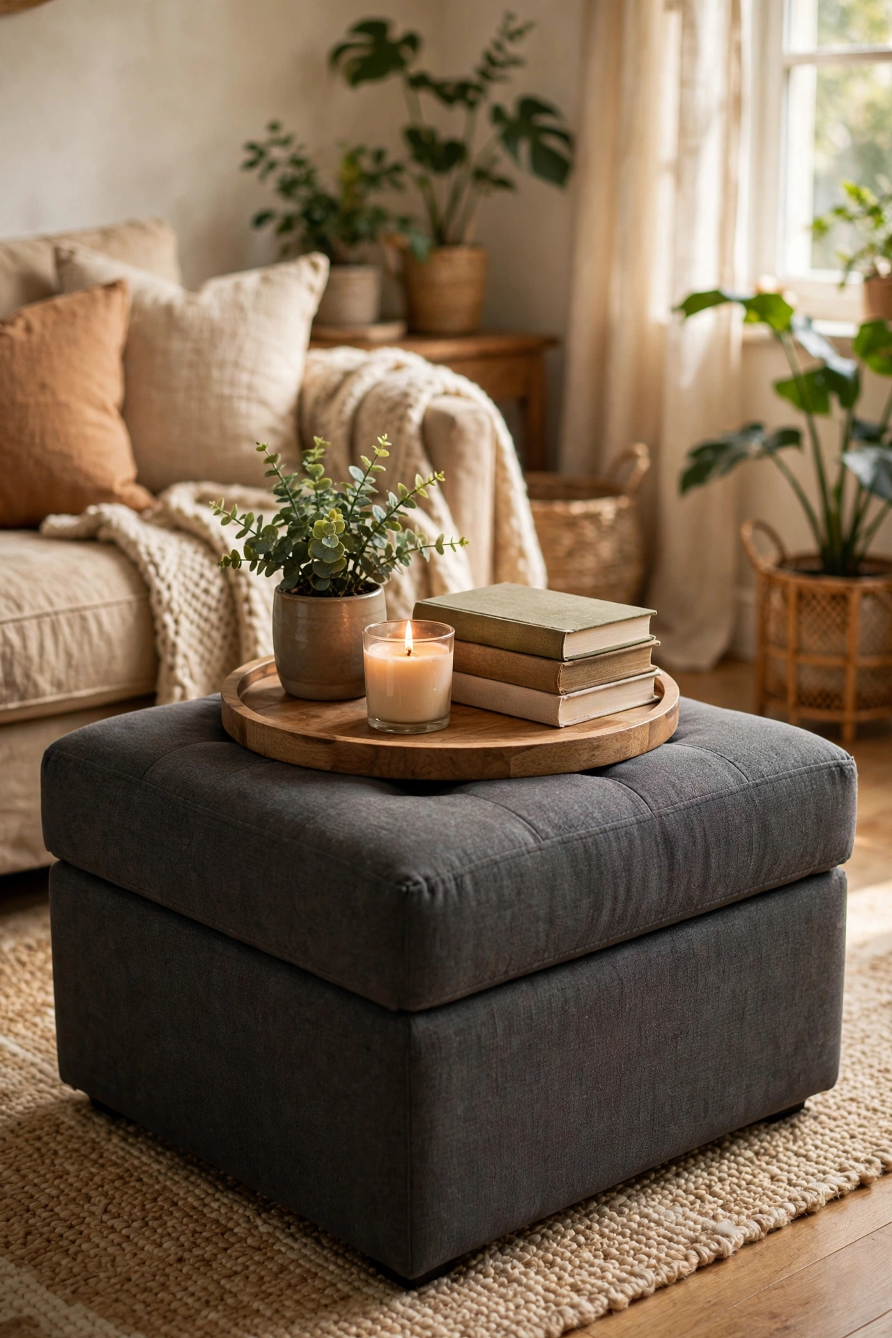 Charcoal gray ottoman styled with a round wood tray plant and candle