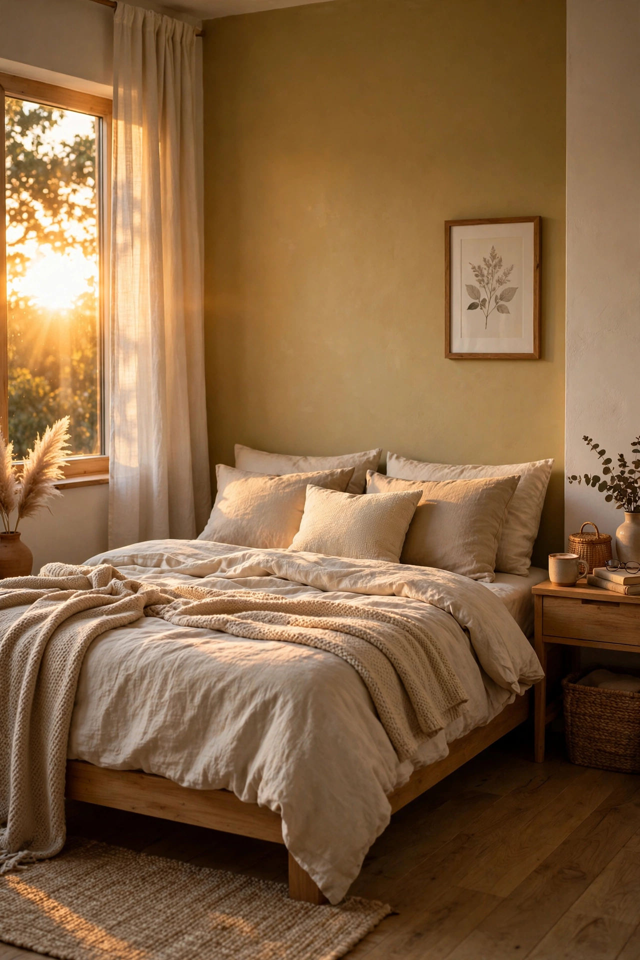 Muted mustard accent wall behind a bed glowing warm in afternoon light