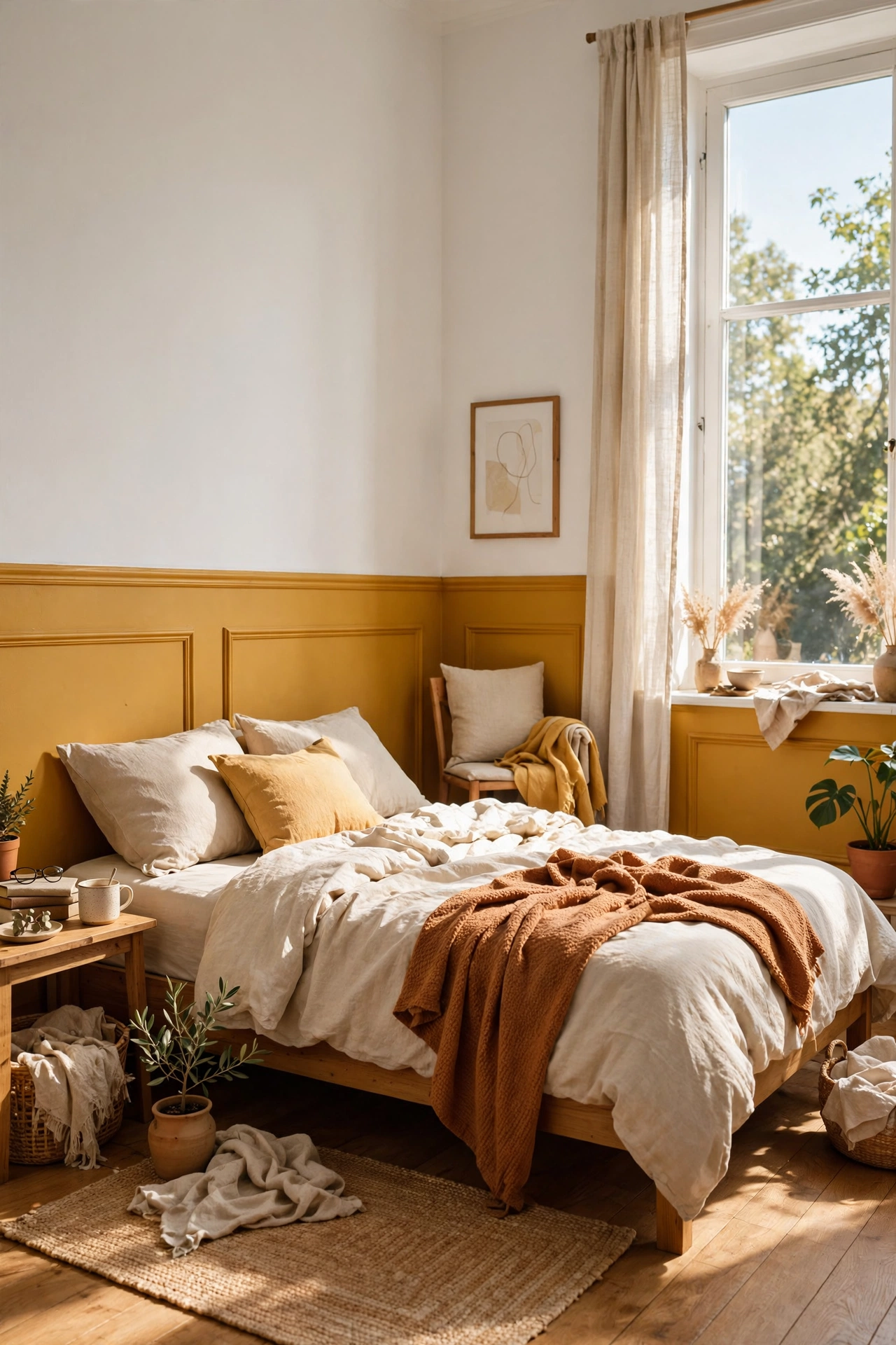 Bedroom walls with mustard yellow on the lower half and white above