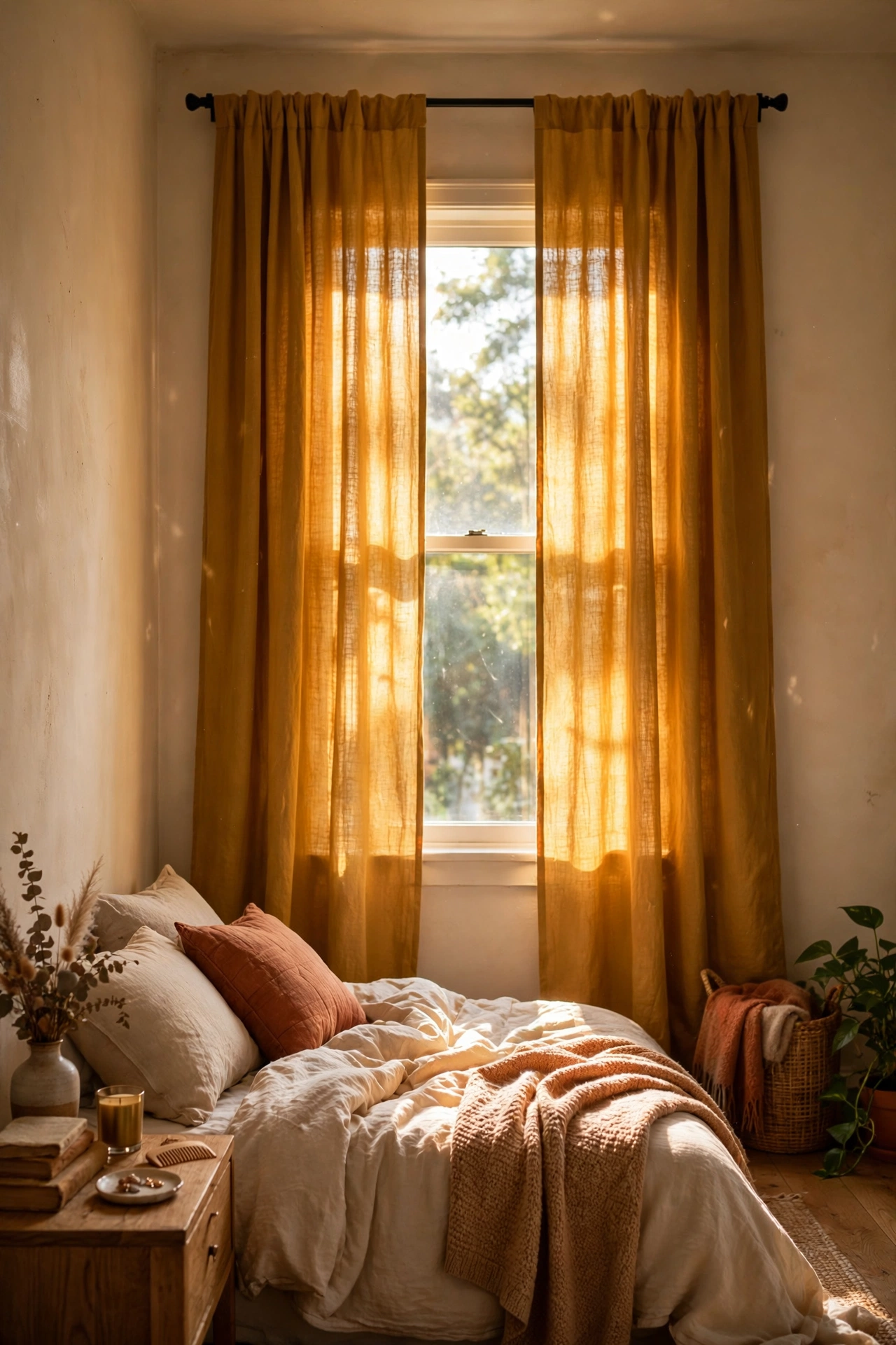 Mustard yellow curtain panels hung high on a bedroom window filtering golden light