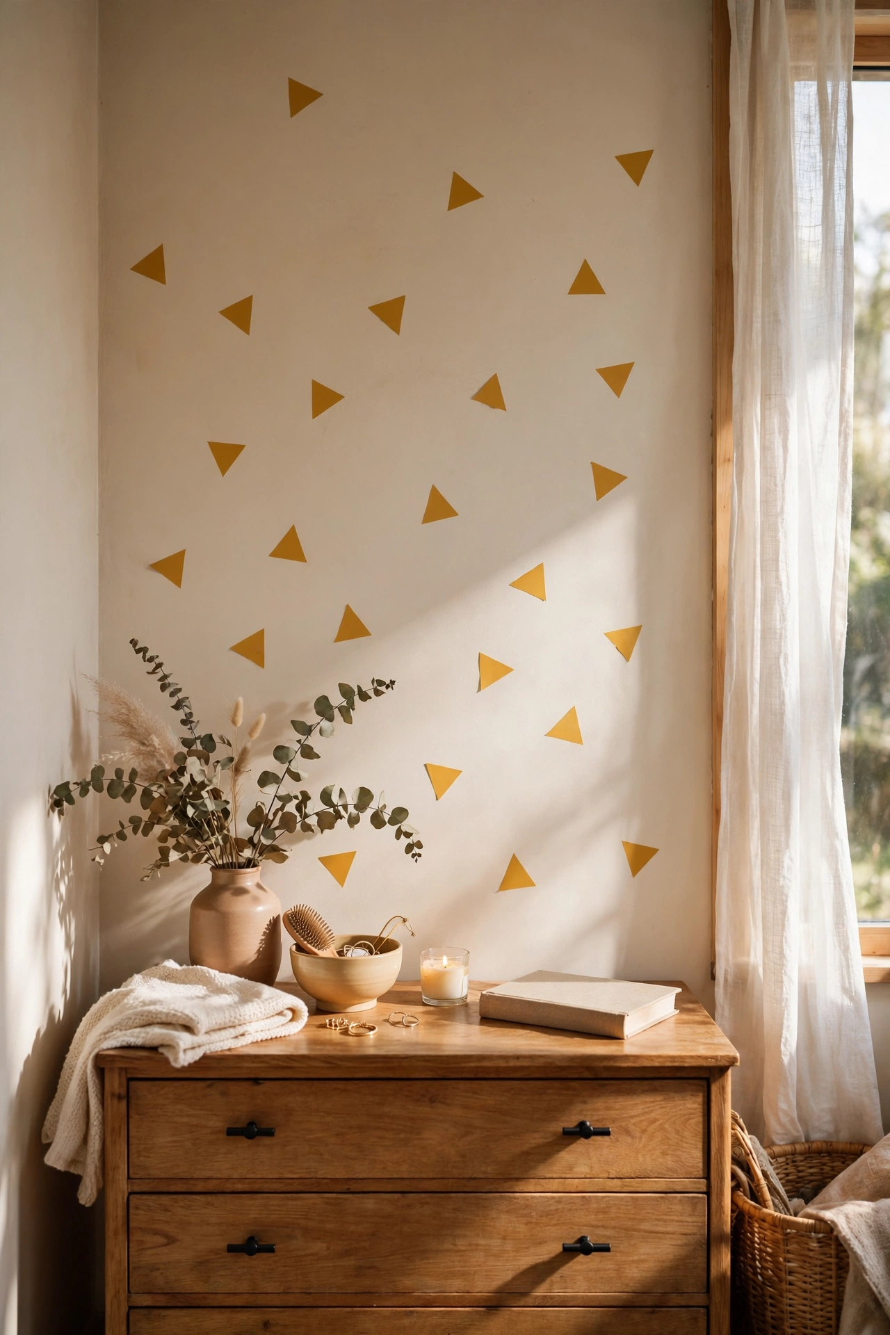 Scattered mustard geometric triangle decals on a bedroom wall above a dresser