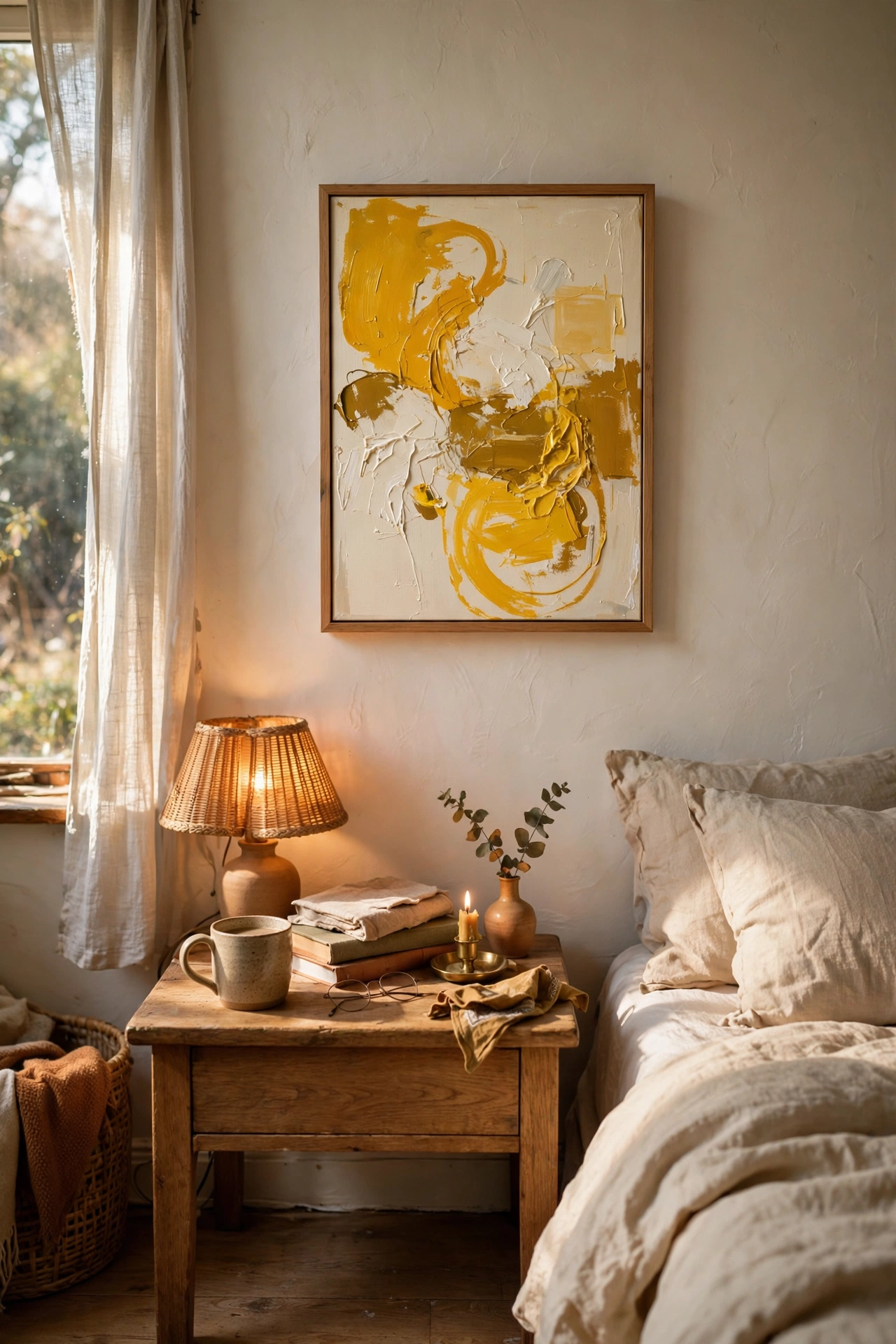 DIY mustard abstract painting in a thrifted frame above a bedroom nightstand