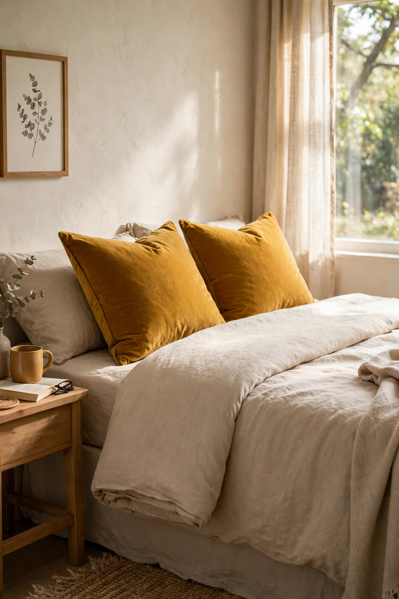 Two mustard velvet-look throw pillows styled on neutral bedding