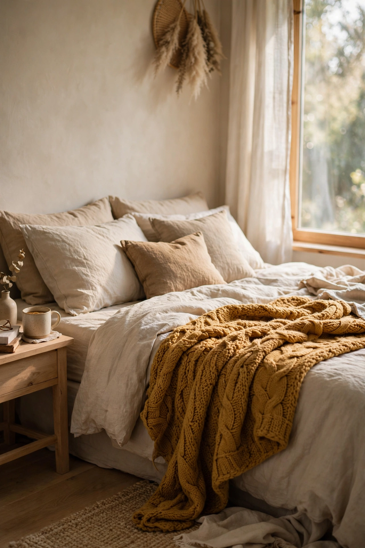 Chunky mustard knit throw draped loosely across the foot of a bed