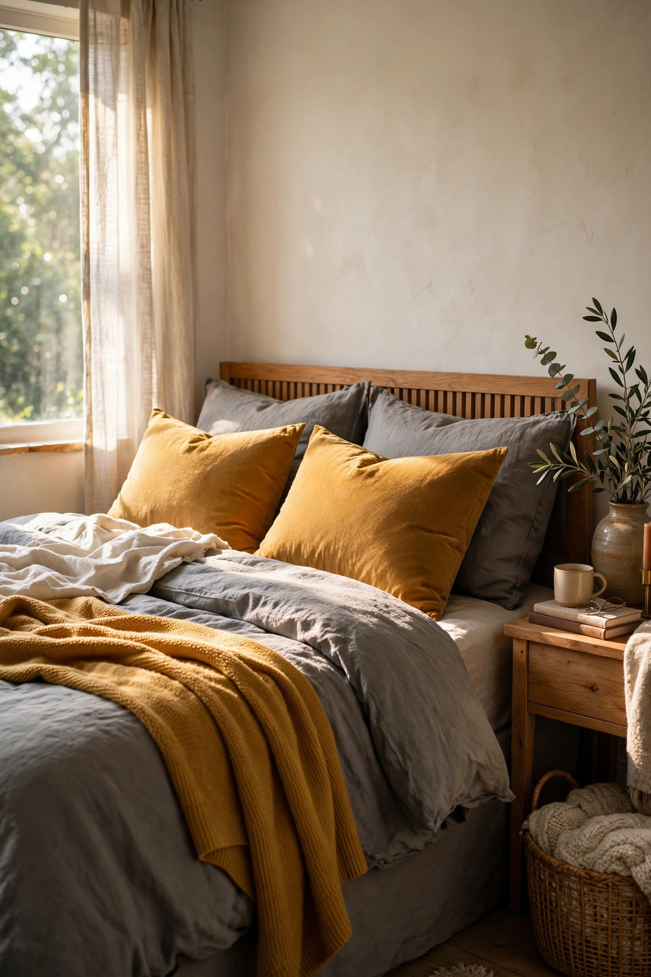 Mustard throw and pillows layered over gray bedding in a styled bedroom