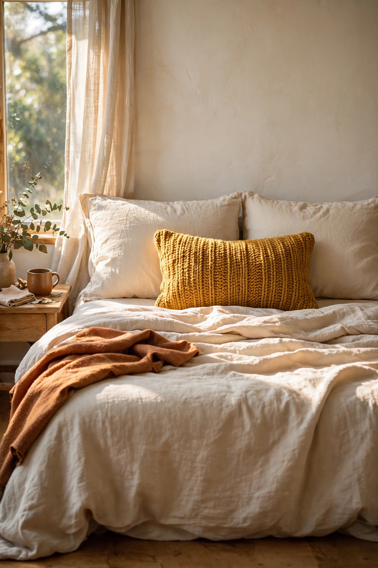 Textured mustard lumbar pillow centered on a styled bed