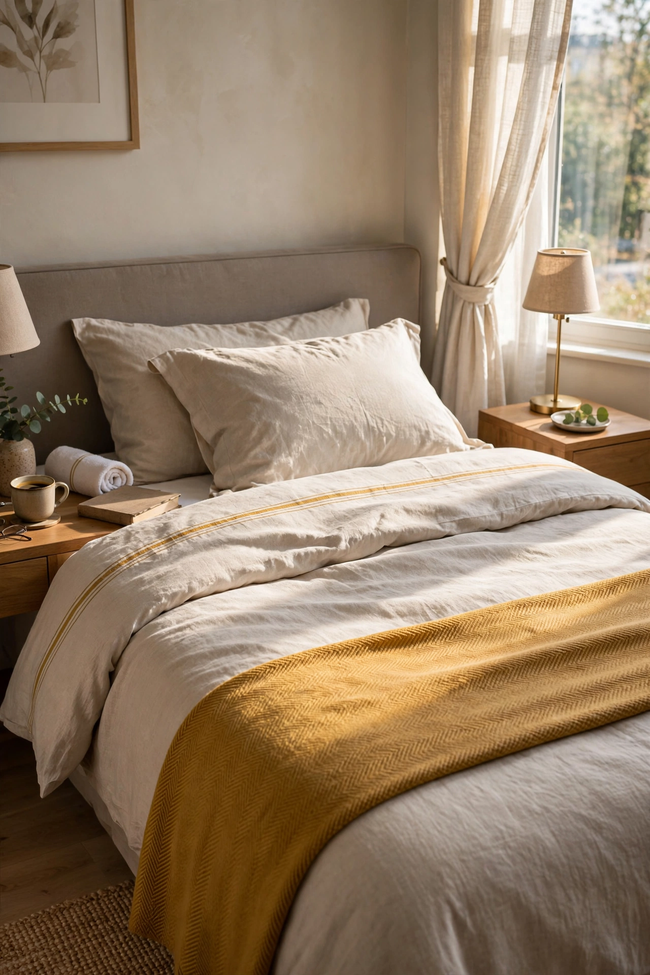 Mustard throw folded as a bed runner across the lower third of a bed