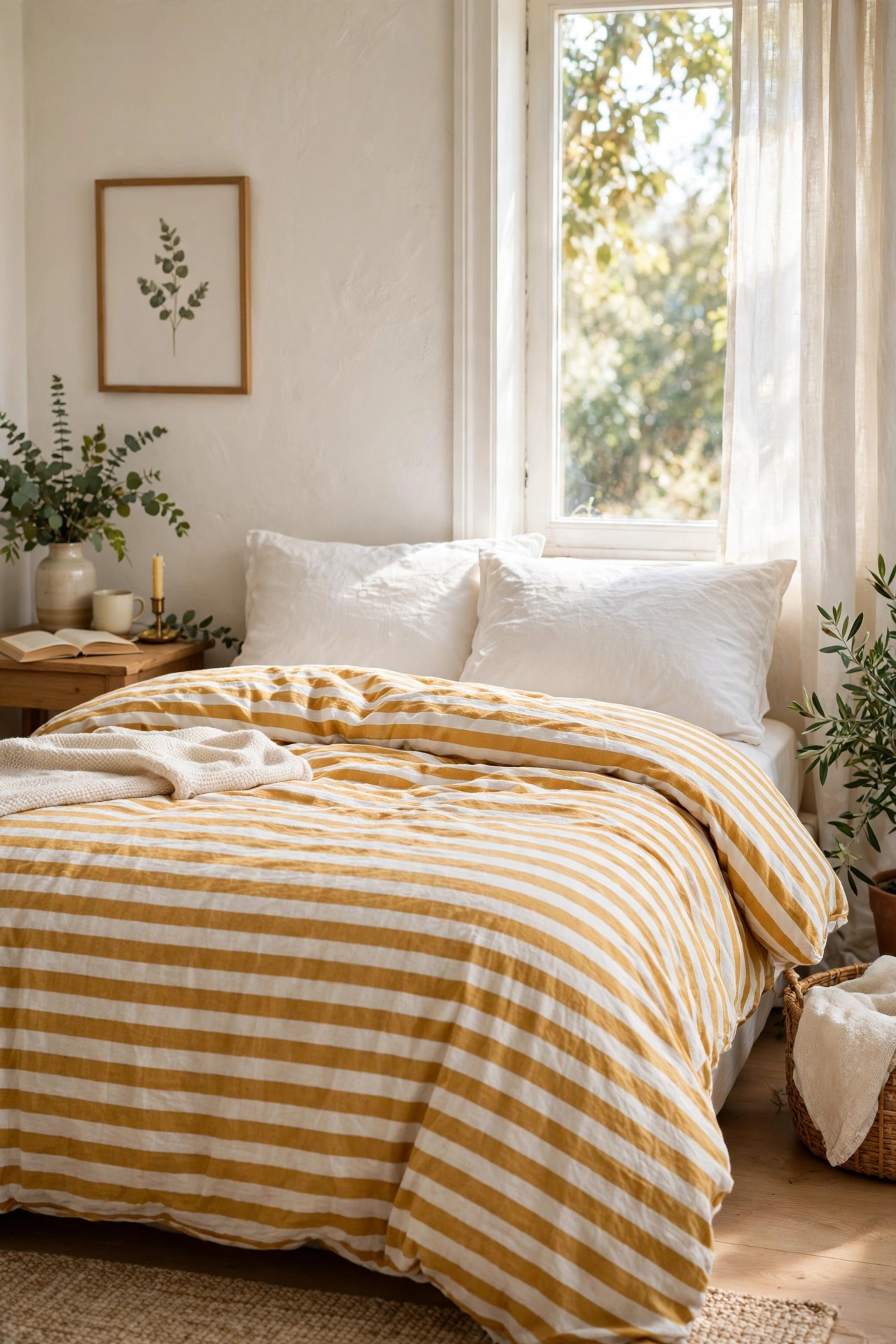 Mustard and white striped duvet cover on a bed in a warm bedroom