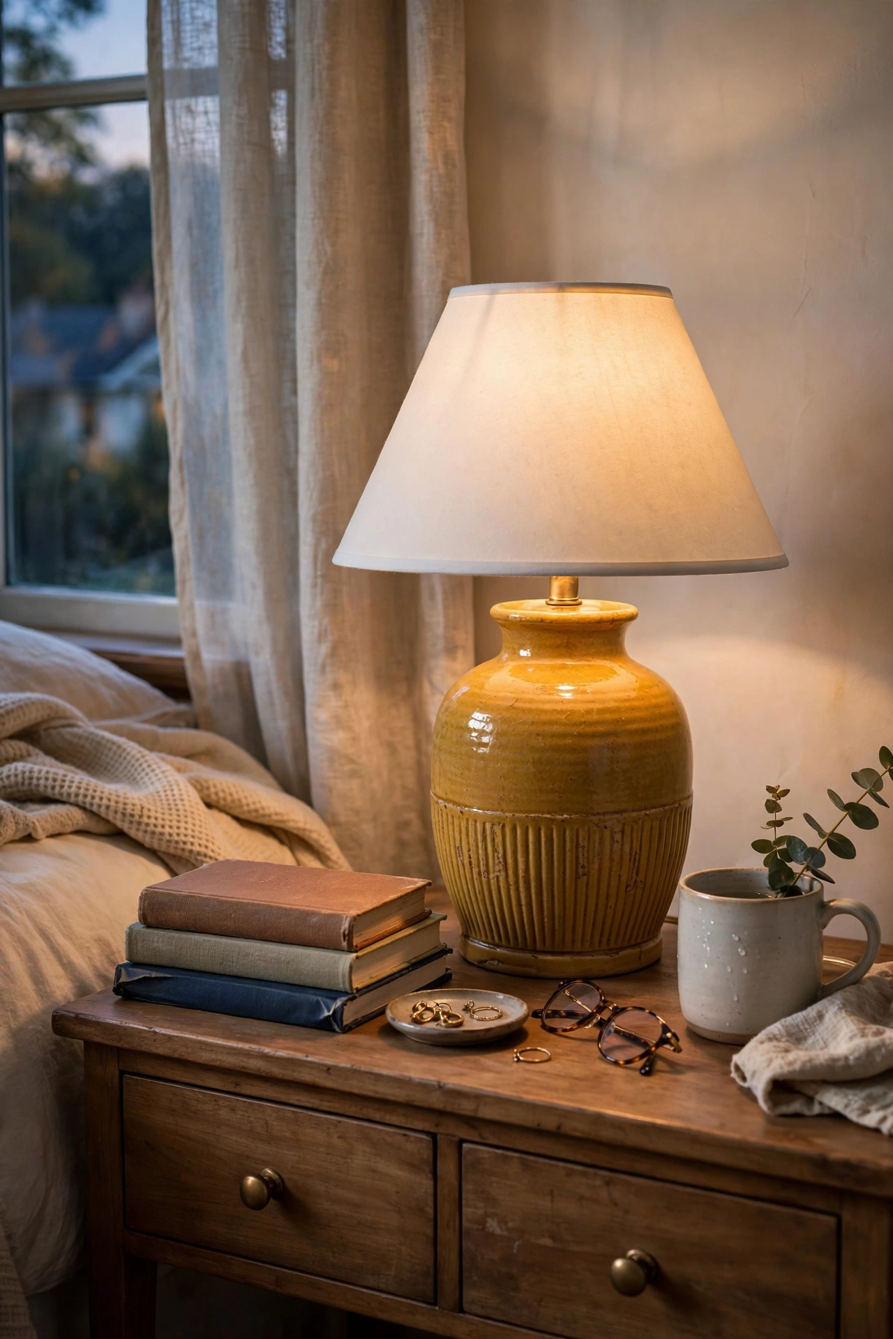 Mustard ceramic table lamp with a white shade glowing on a nightstand