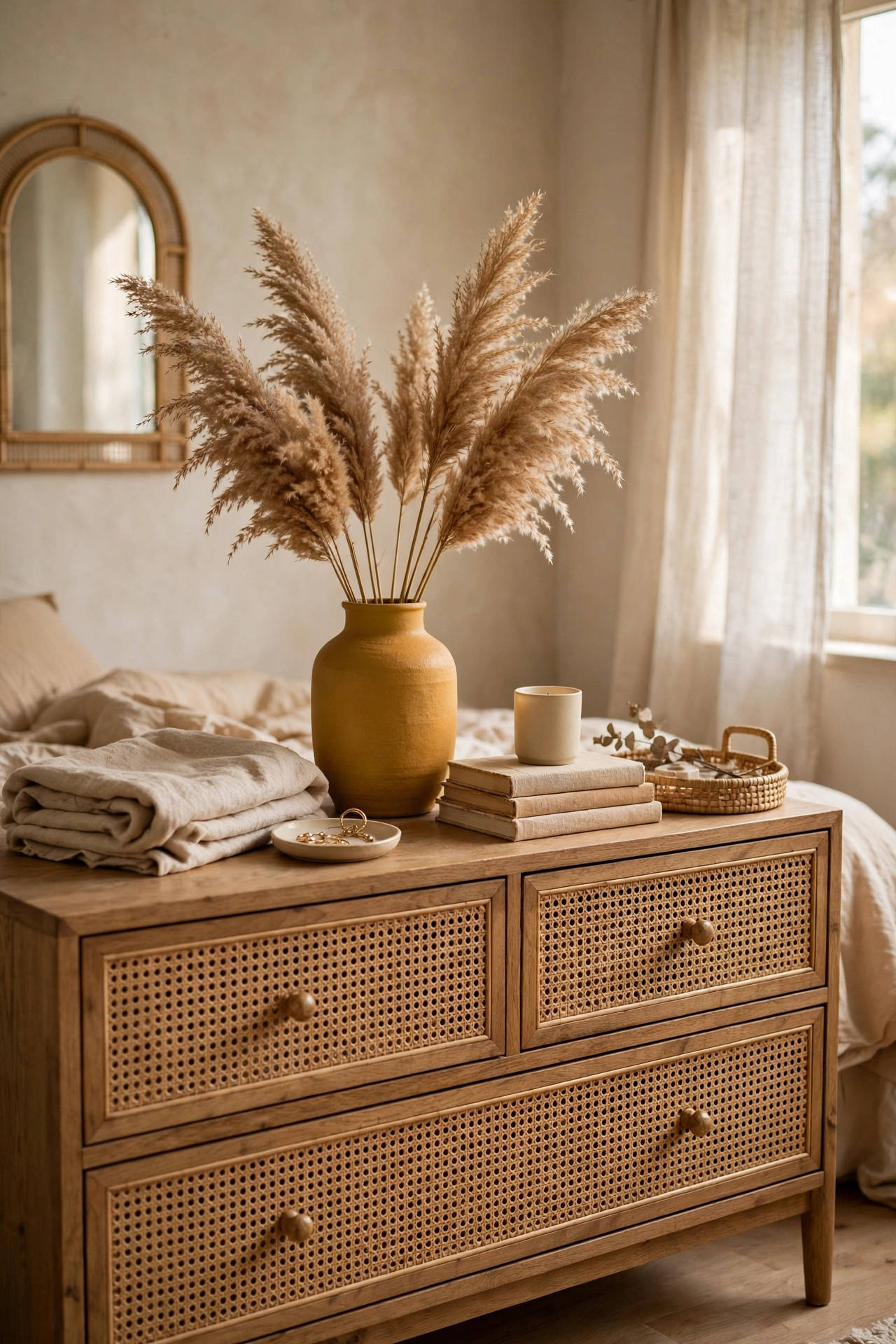 Mustard spray-painted vase with dried pampas grass on a bedroom dresser