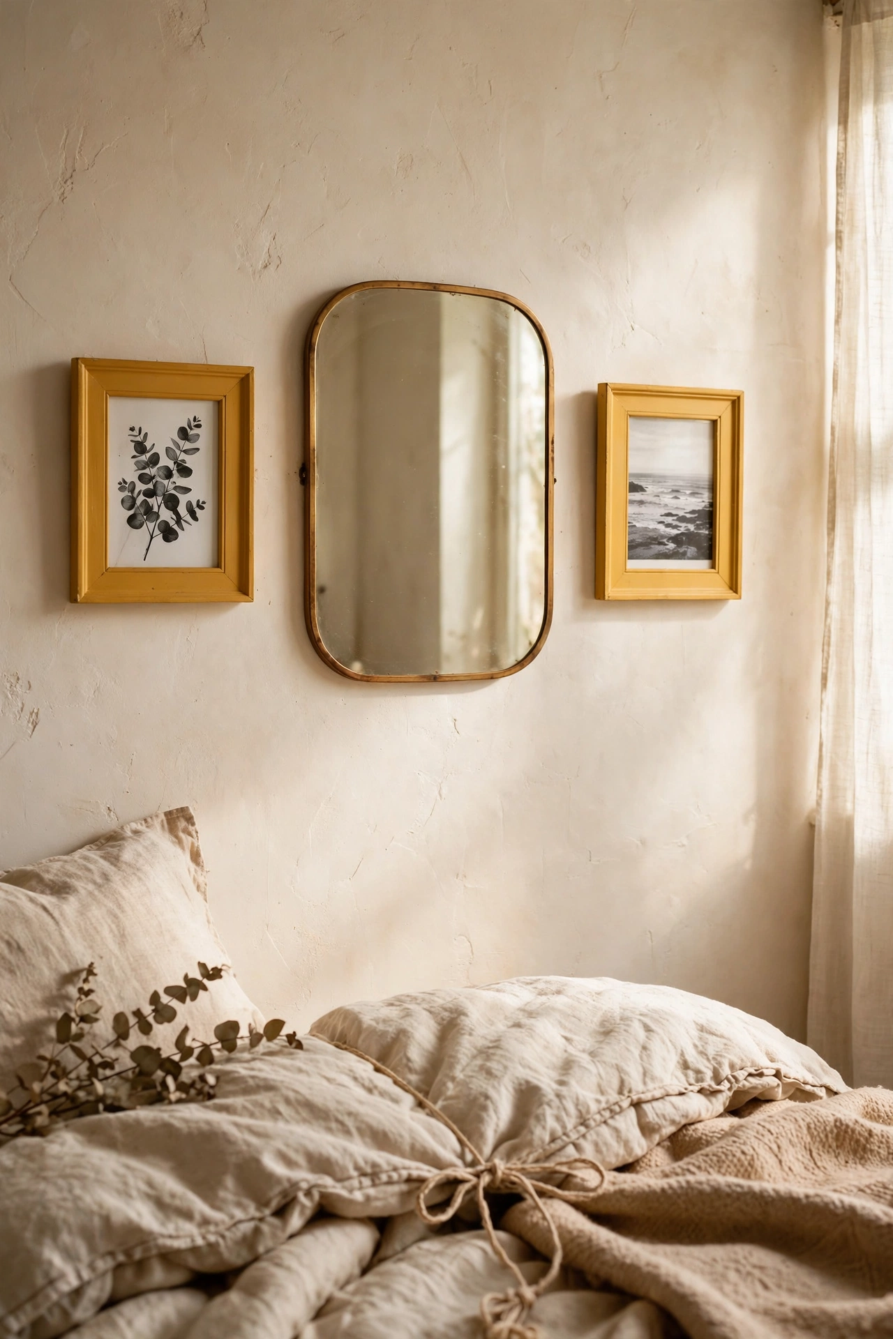 Two small thrifted frames spray-painted mustard with black-and-white prints