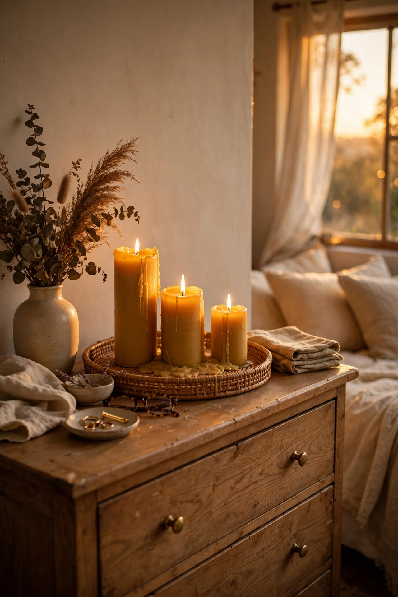 Three mustard pillar candles at varied heights glowing on a dresser tray