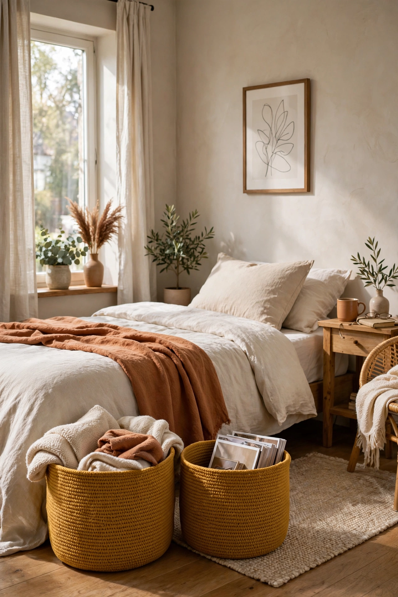 Two mustard woven storage baskets holding throws and magazines in a bedroom
