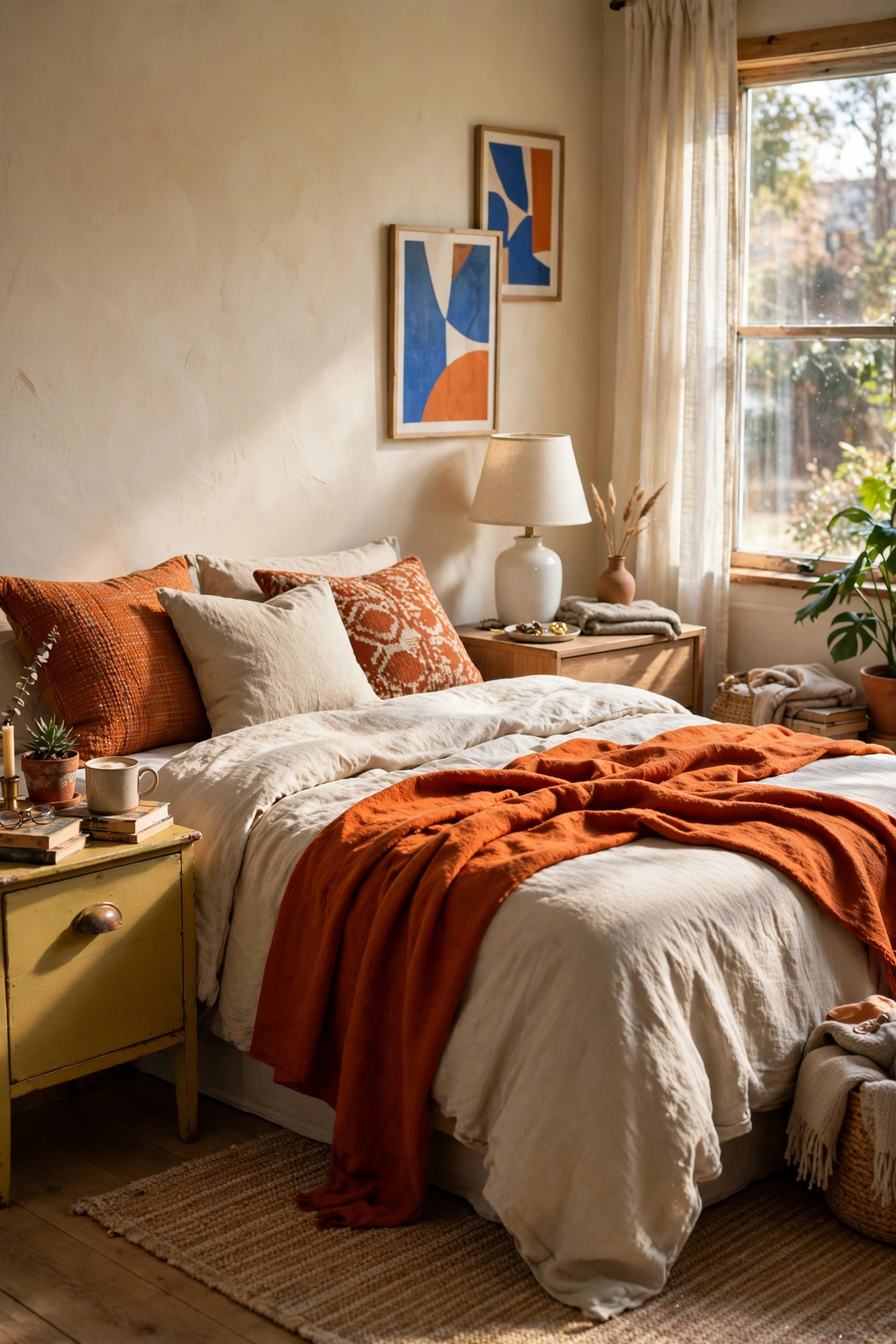 Thrifted nightstand painted muted mustard beside a bed with the other neutral