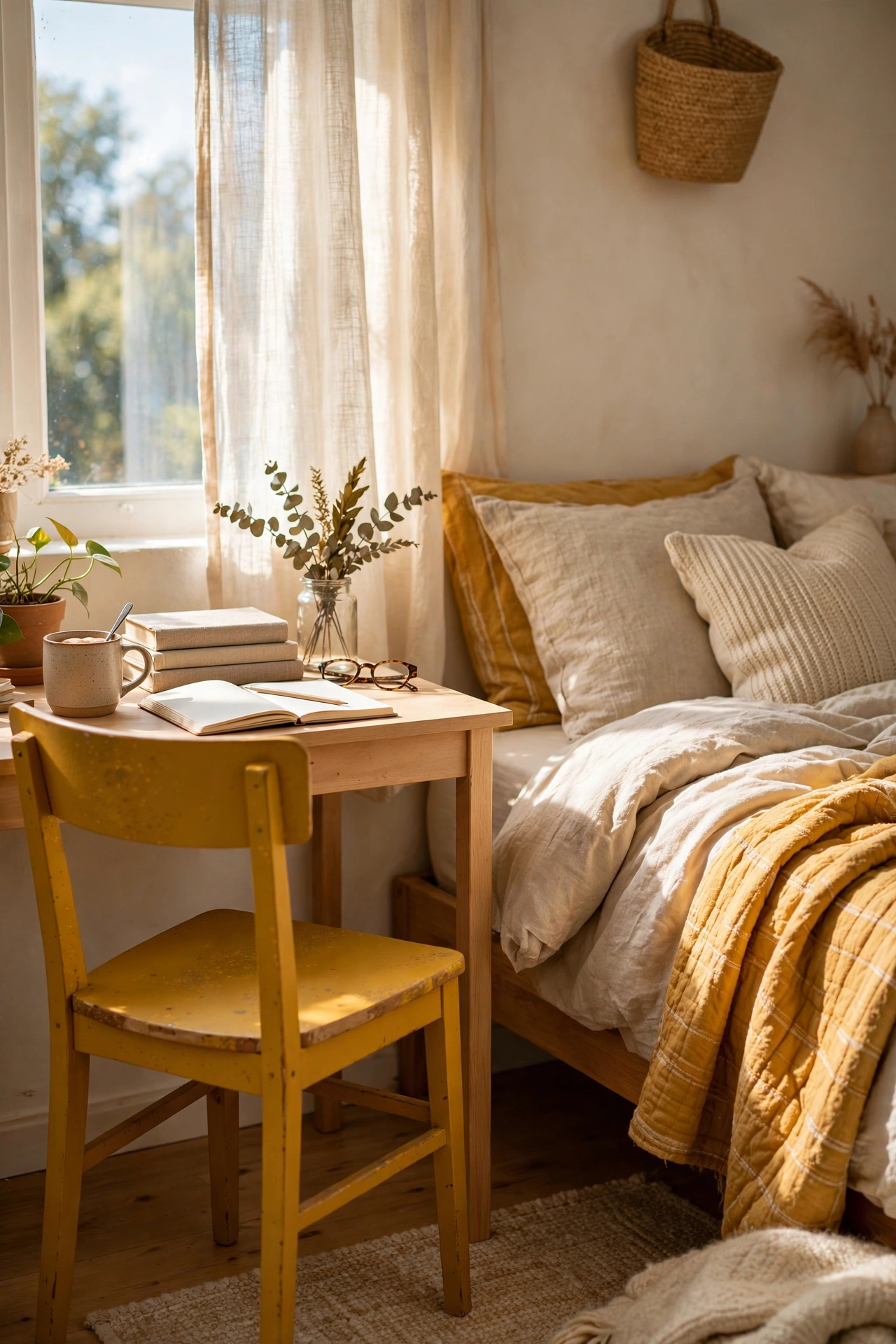 Wooden desk chair spray-painted mustard in a bedroom work corner