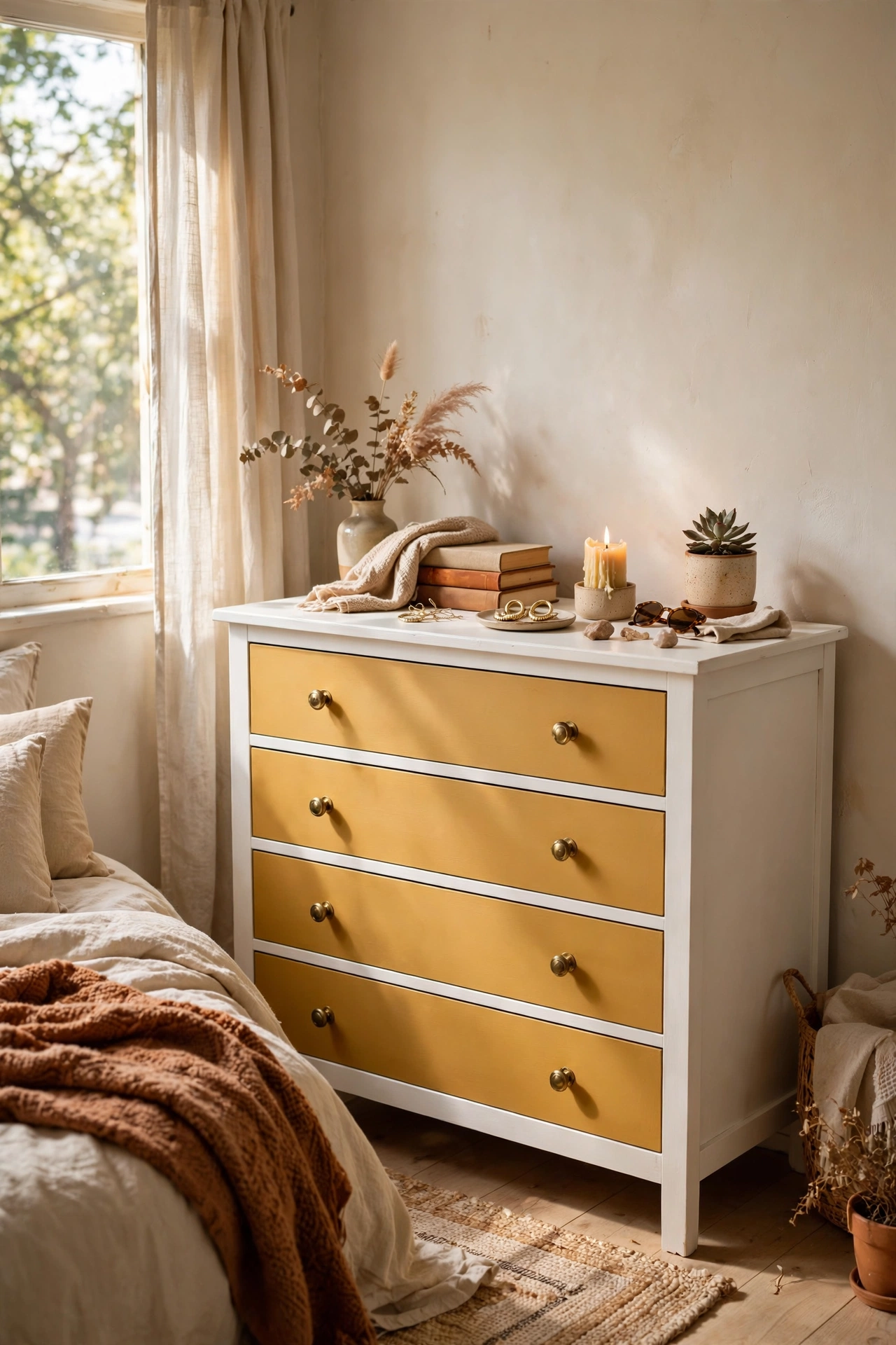White dresser with six drawer fronts painted muted mustard, two-tone effect