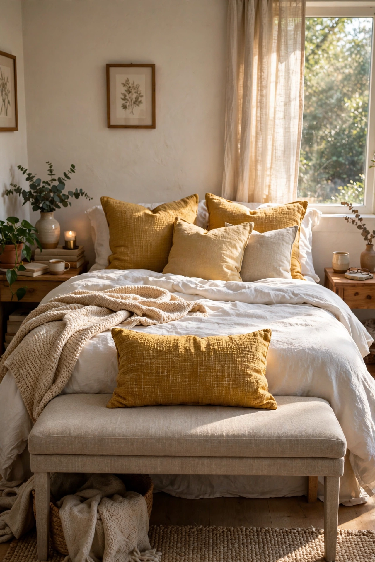 Mustard fabric cushion on a neutral bench at the foot of a bed