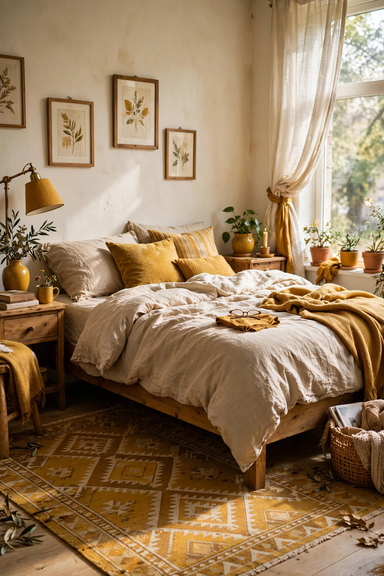 Flatweave rug with a mustard pattern under the lower two-thirds of a bed