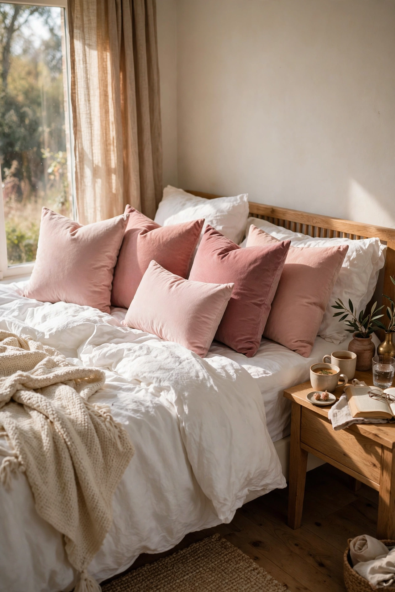 Blush pink velvet throw pillows in mixed sizes arranged on a white bed