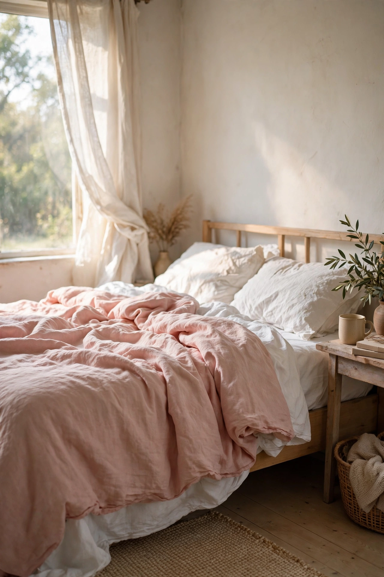 Blush pink washed linen-look duvet cover on a bed with white sheets
