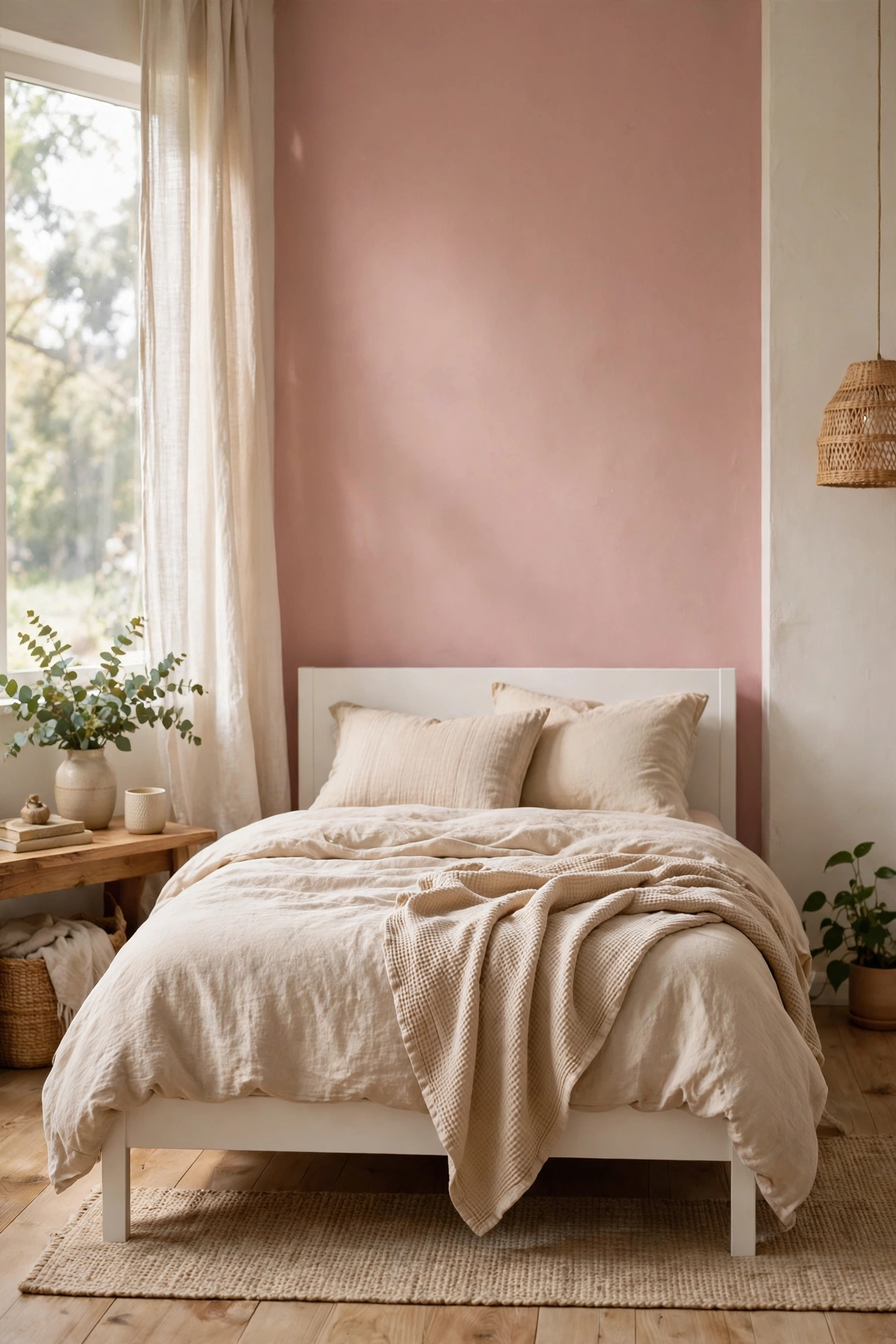 Bedroom with one dusty blush pink painted accent wall behind a white bed