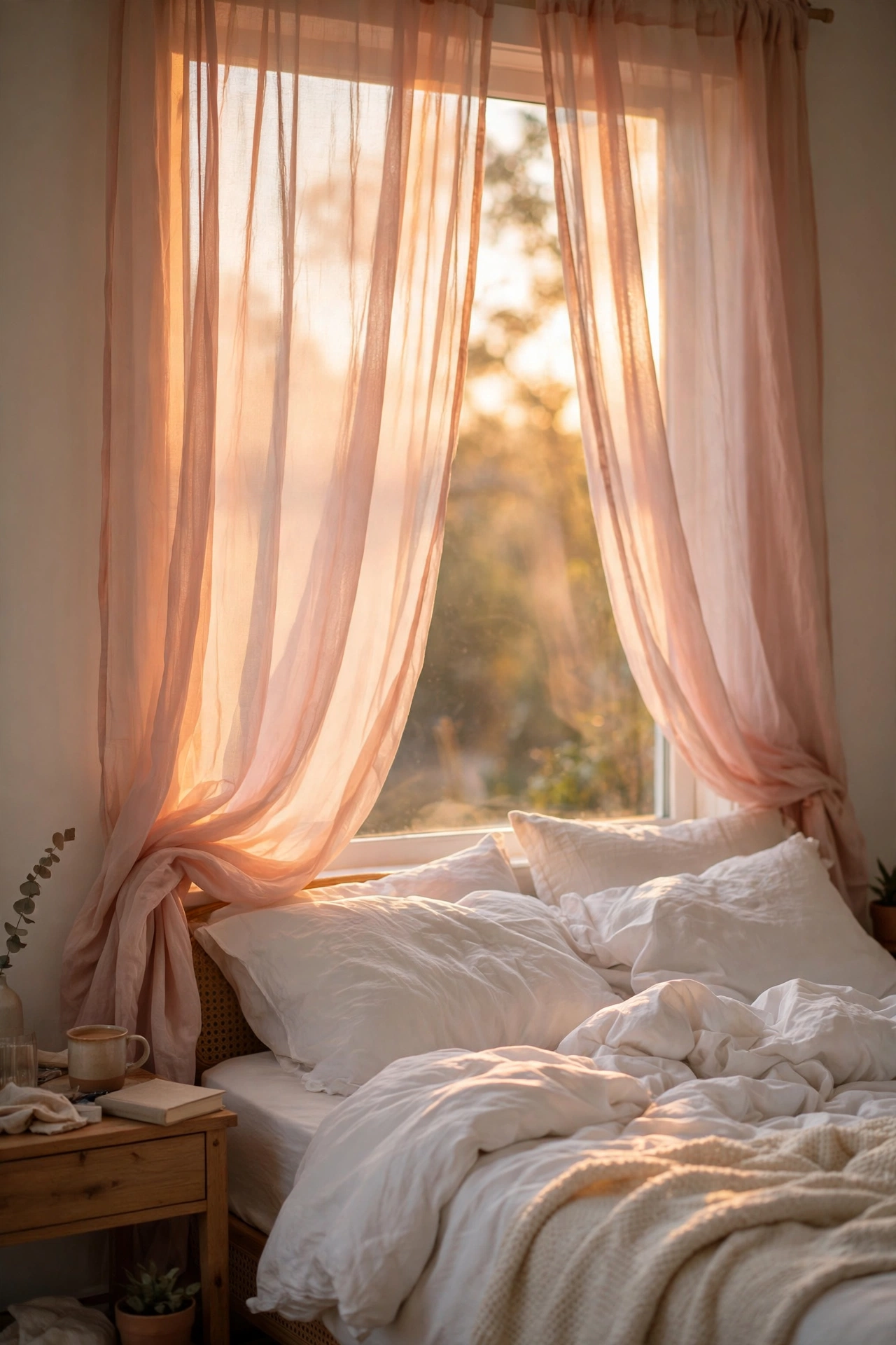 Blush sheer curtains glowing in golden hour light in a bedroom