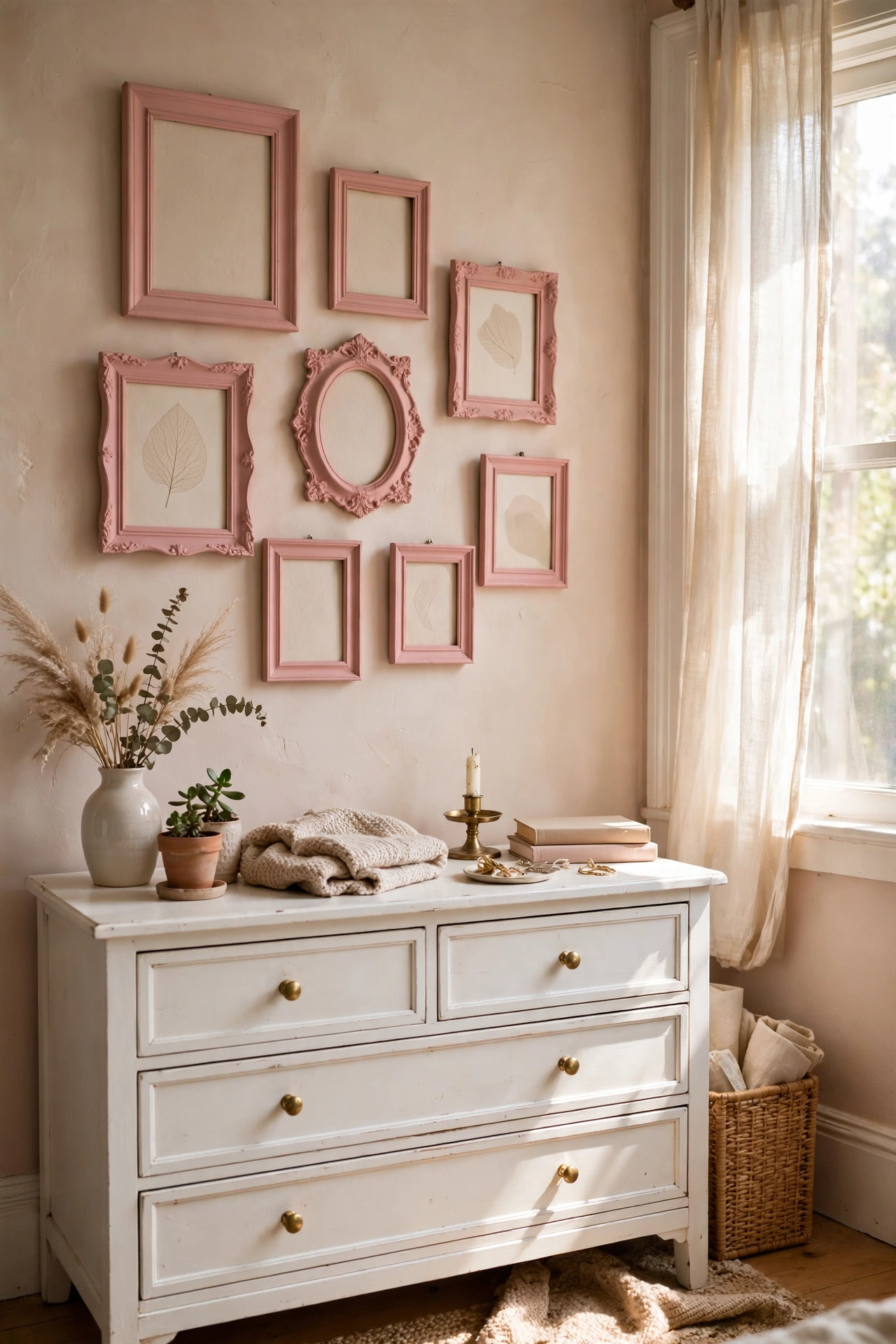 Gallery wall of thrifted frames spray painted blush pink above a bedroom dresser