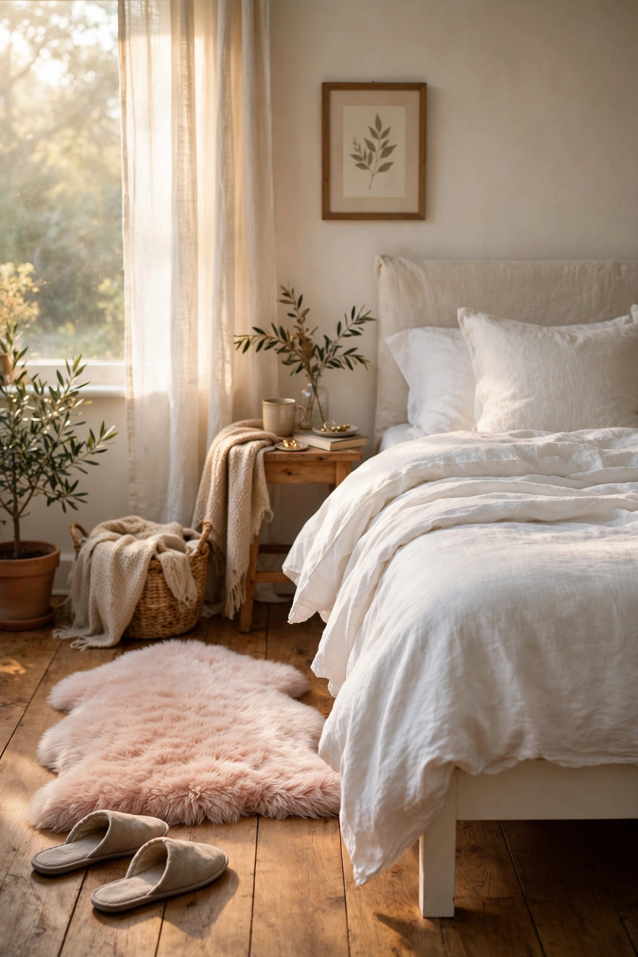 Blush pink faux fur rug placed beside a bed on a wooden floor