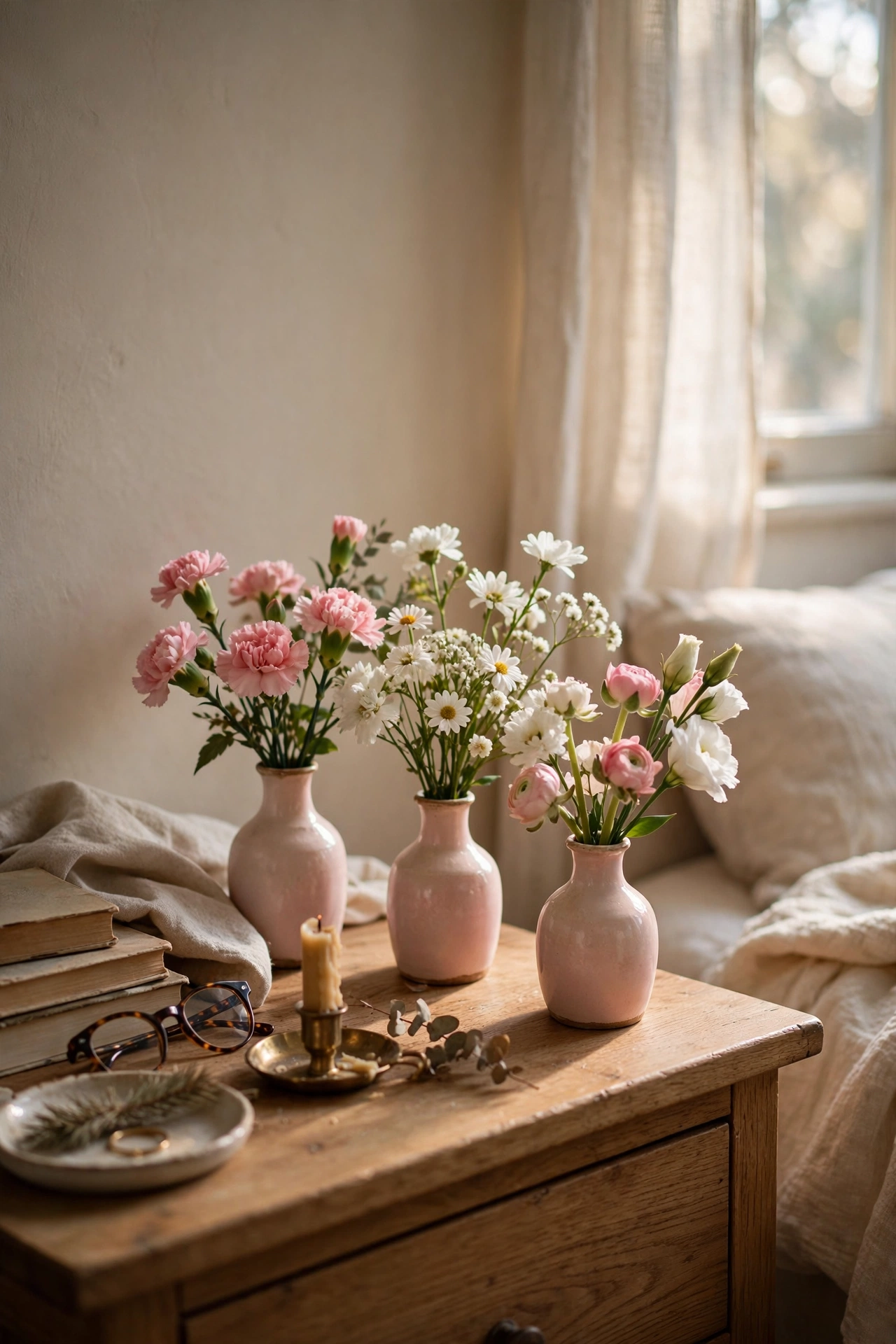 Three small blush ceramic bud vases with fresh grocery store flowers on a nightstand
