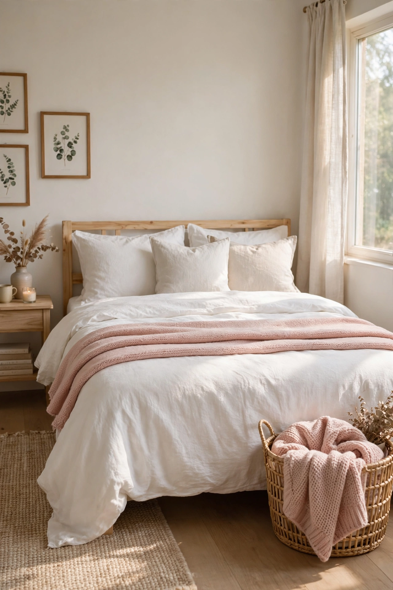 Blush pink knit throw blanket neatly folded across the foot of a bed