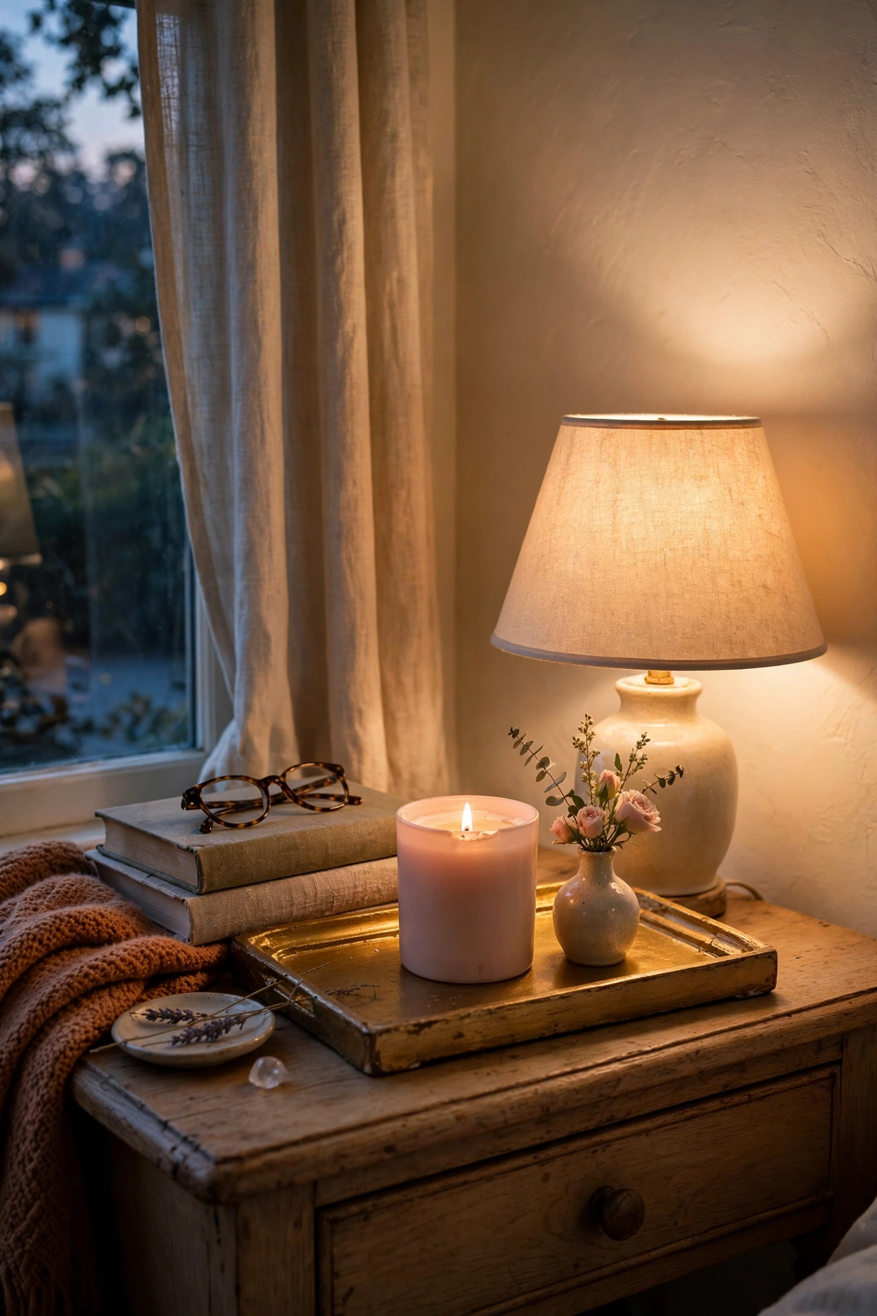 Gold painted tray with a blush candle and small vase on a bedroom nightstand
