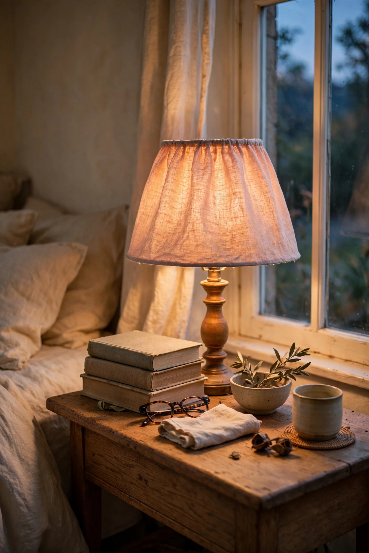 Bedroom table lamp with a handmade blush linen lampshade glowing warmly