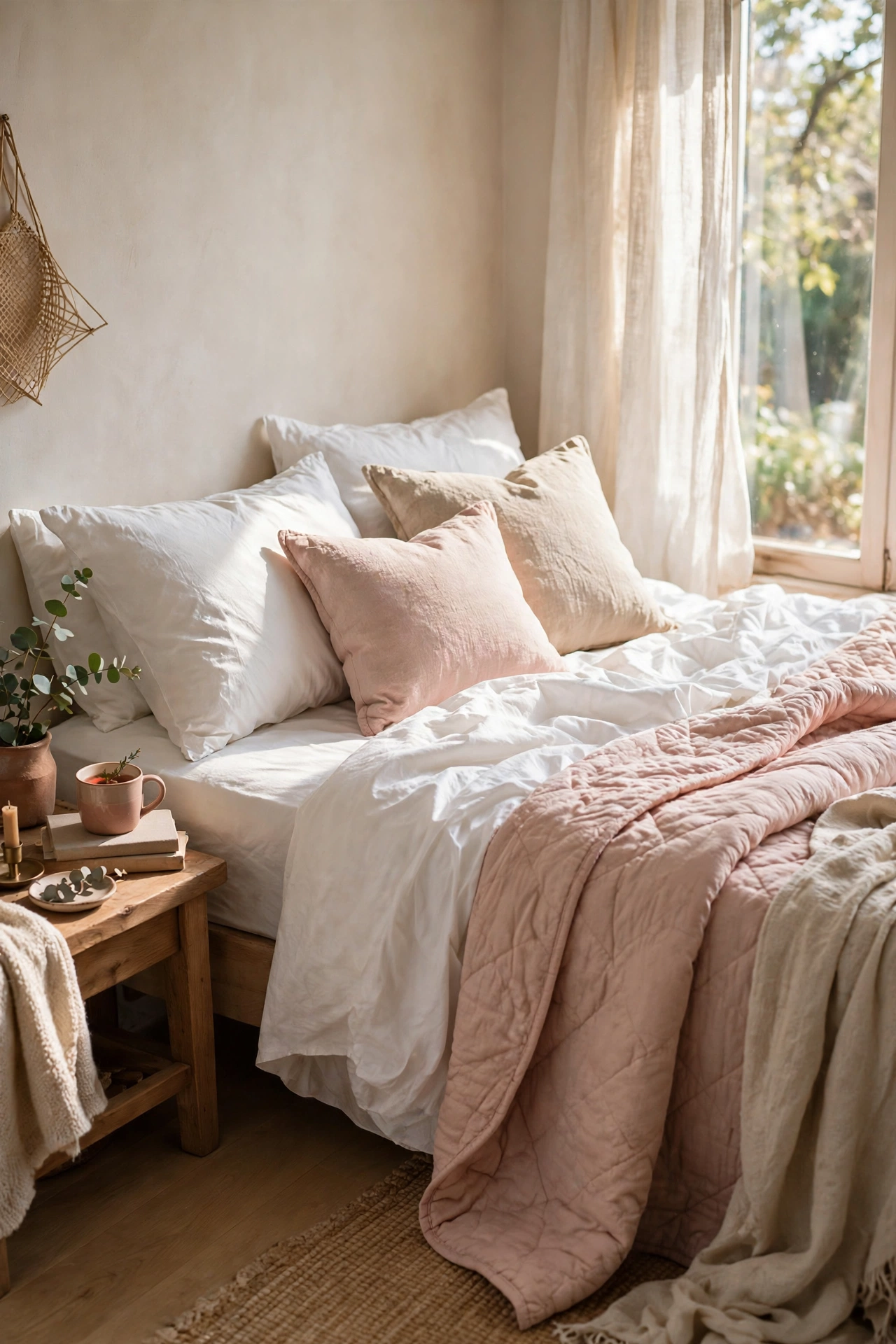 Blush quilted bedspread layered over crisp white sheets on a bed