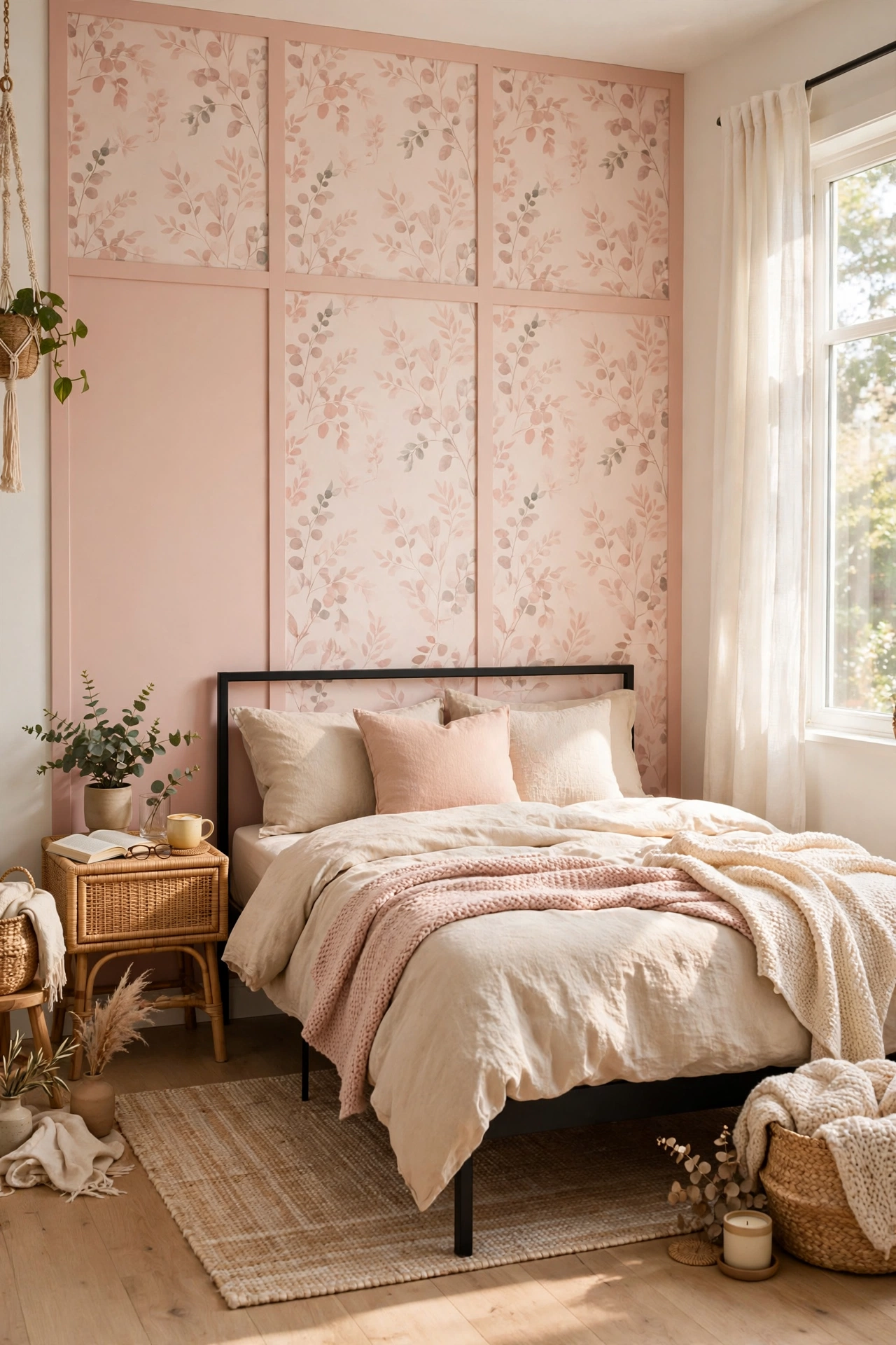 Blush peel and stick wallpaper panel behind a bed styled as a headboard wall